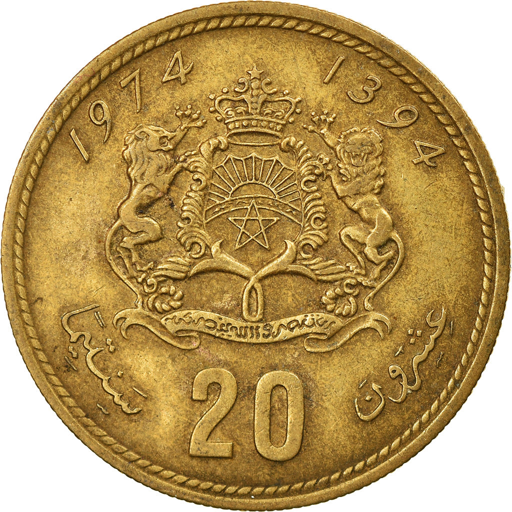 Moneta, Marocco, al-Hassan II, 20 Santimat, 1974/AH1394, BB, Alluminio-bronzo