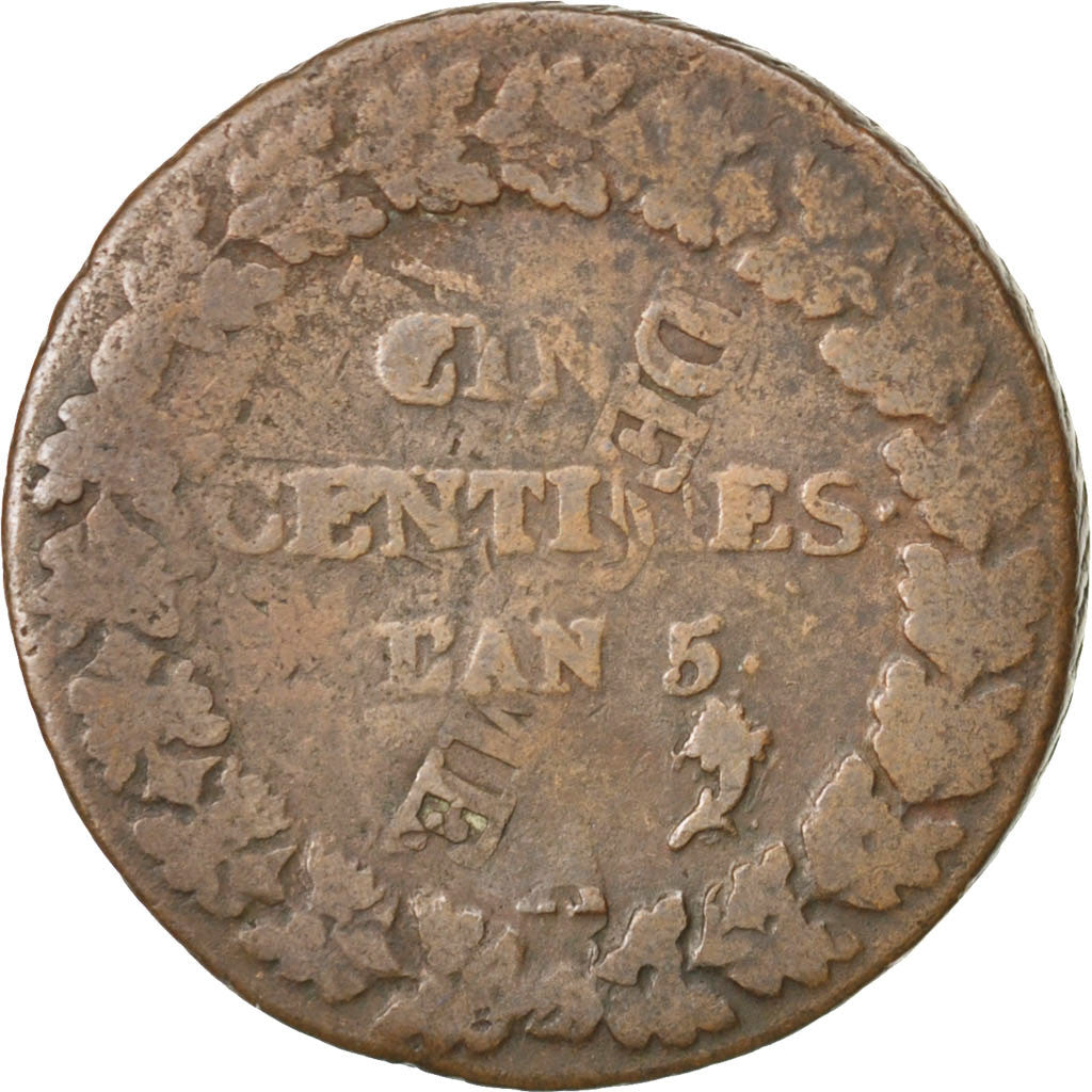 Directoire, 5 Centimes Dupré, surfrappe du Décime, An 5 A, KM 642.1