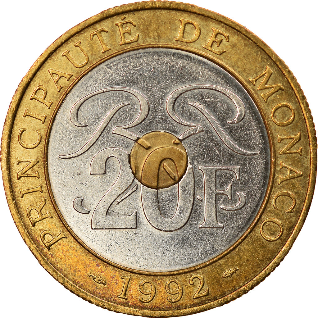 Coin, Monaco, Rainier III, 20 Francs, 1992, AU(55-58), Tri-Metallic, KM:165