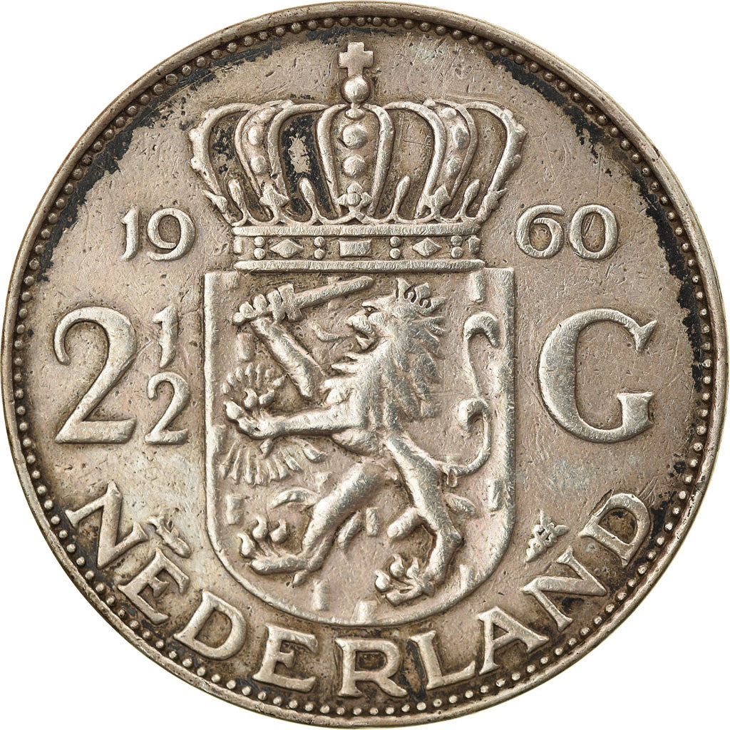 Coin, Netherlands, Juliana, 2-1/2 Gulden, 1960, EF(40-45), Silver, KM:185
