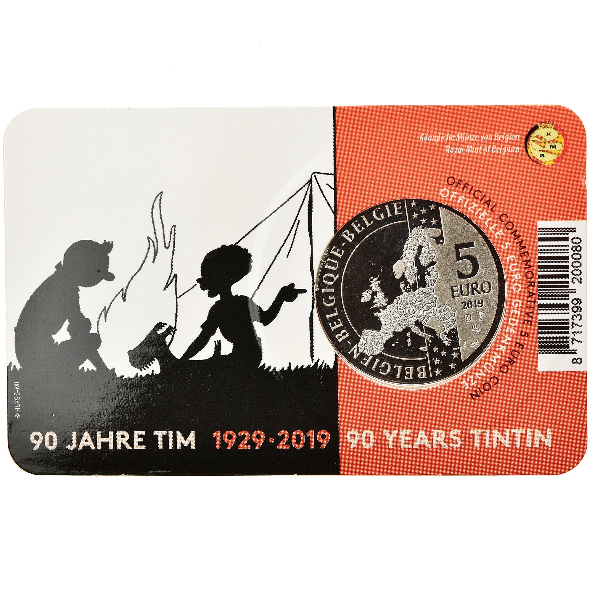 Belgium, 5 Euro, 90 Years of Tintin, 2019, Colourized, MS(65-70), Silver