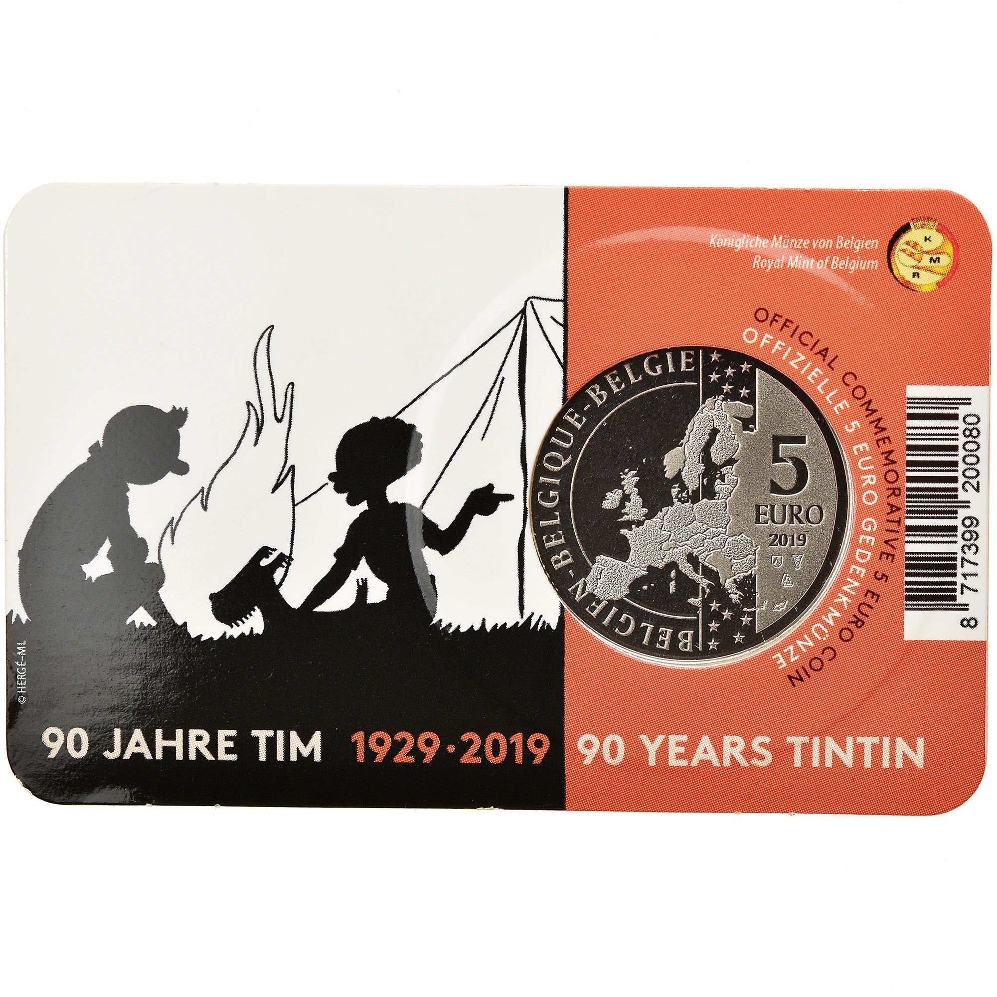 Belgique, 5 Euro, 90 Years of Tintin, 2019, Colorisé, FDC, Argent
