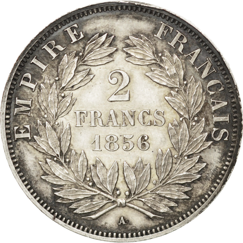 FRANCE, 2 Francs, 1856, Paris, AU(55-58), Silvered bronze, 8.72