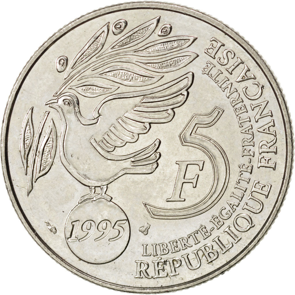 FRANCE, ONU, 5 Francs, 1995, KM #1118, AU(55-58), Silver, 29, Gadoury #776, 9.91