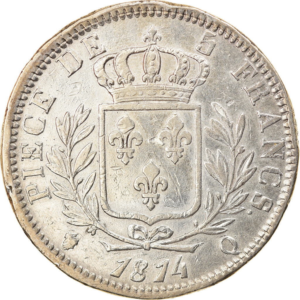 Moneta, Francja, Louis XVIII, 5 Francs, 1814, Perpignan, VF(30-35), Srebro