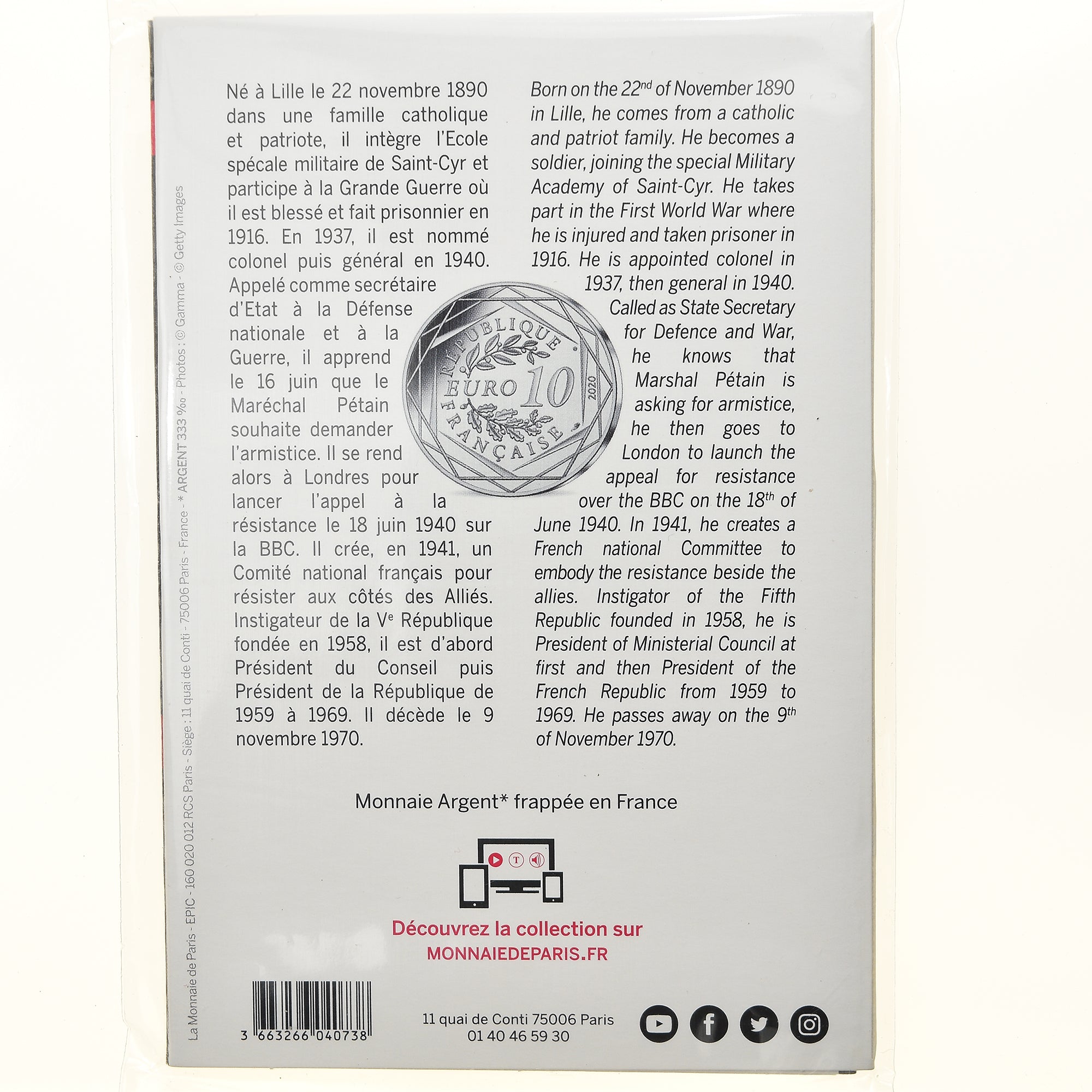 France, Monnaie de Paris, 10 Euro, Charles De Gaulle, 2020, Paris, FDC, Argent