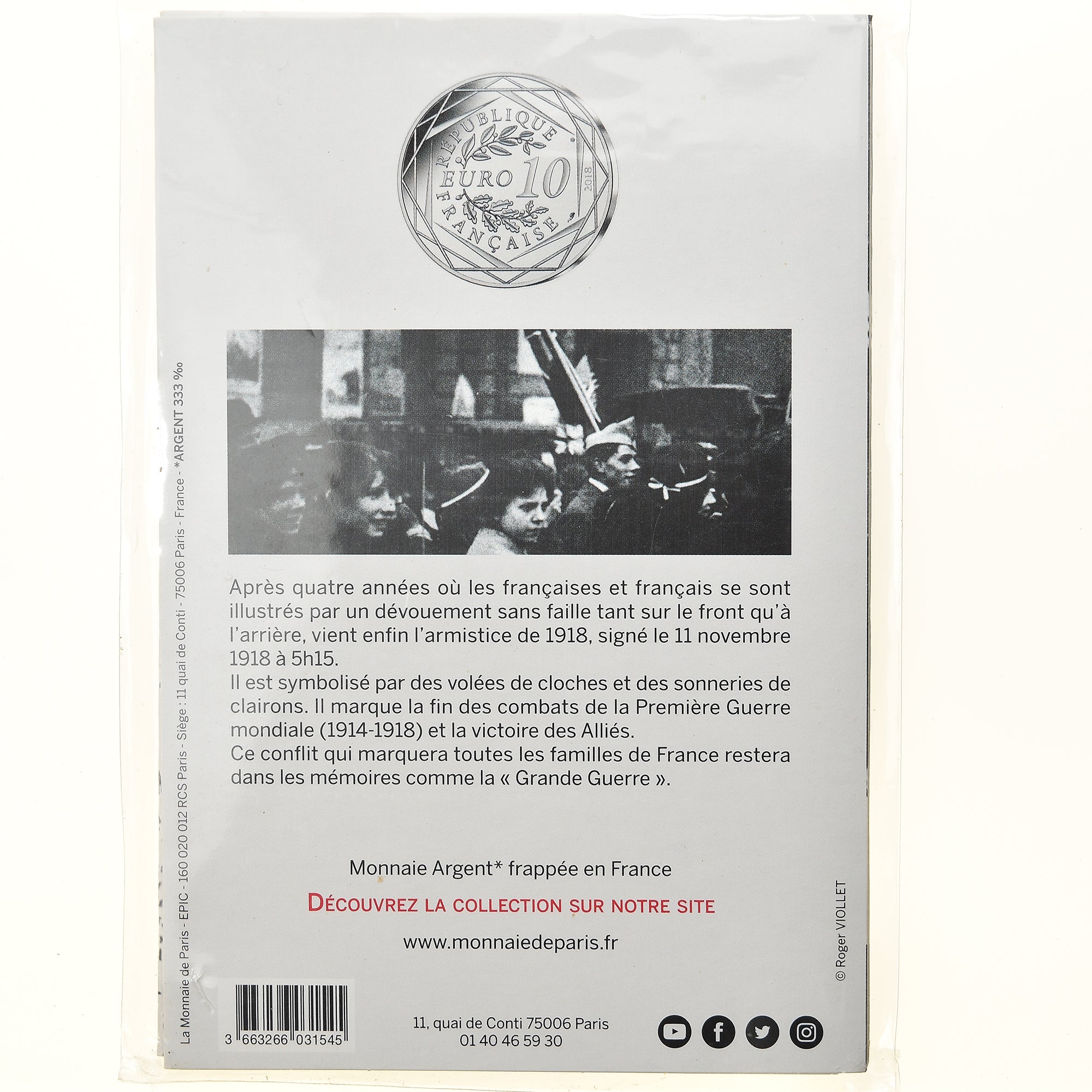 France, Monnaie de Paris, 10 Euro, Centenaire de l'Armistice, 2018, Paris