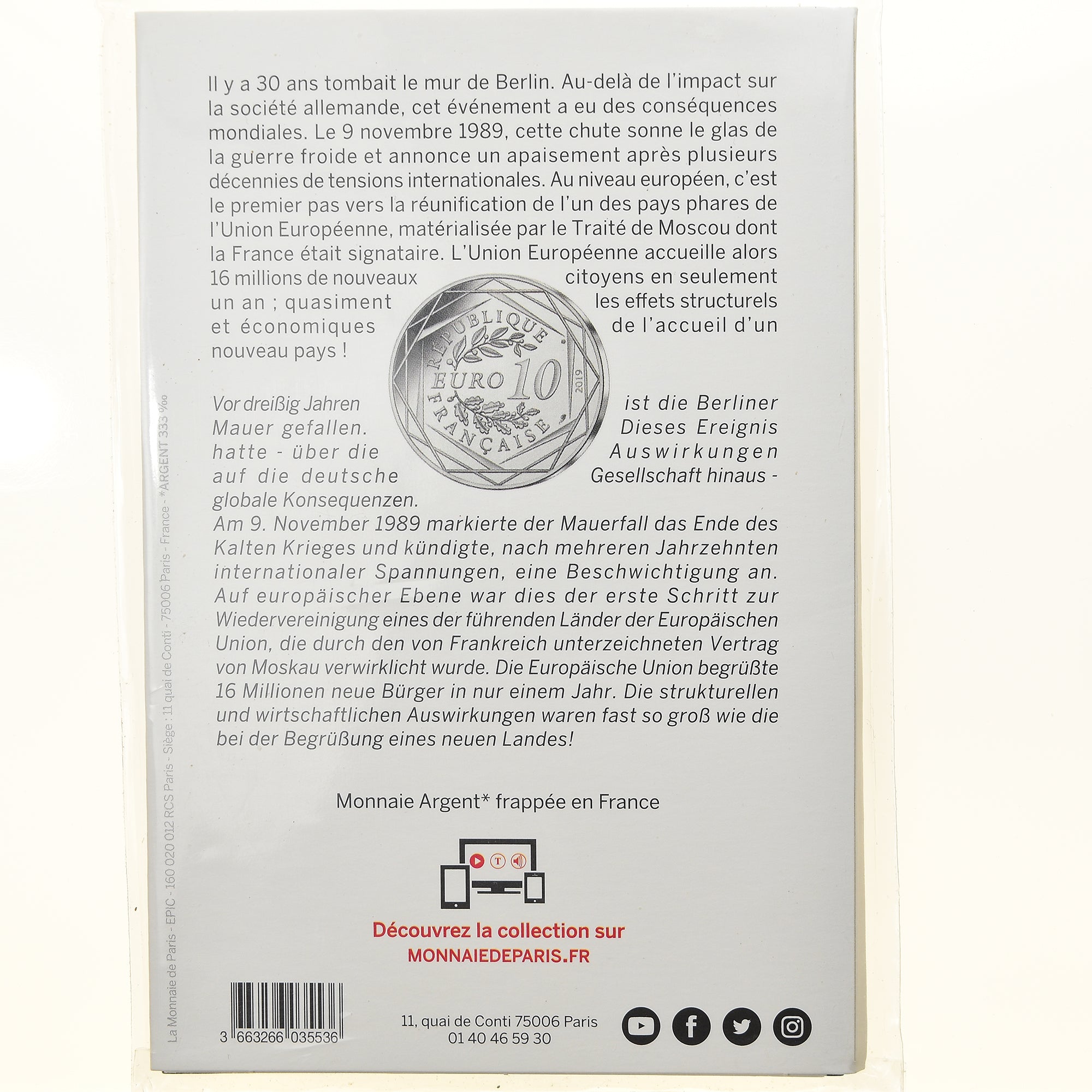 France, Monnaie de Paris, 10 Euro, Chute du Mur de Berlin, 2019, Paris, FDC