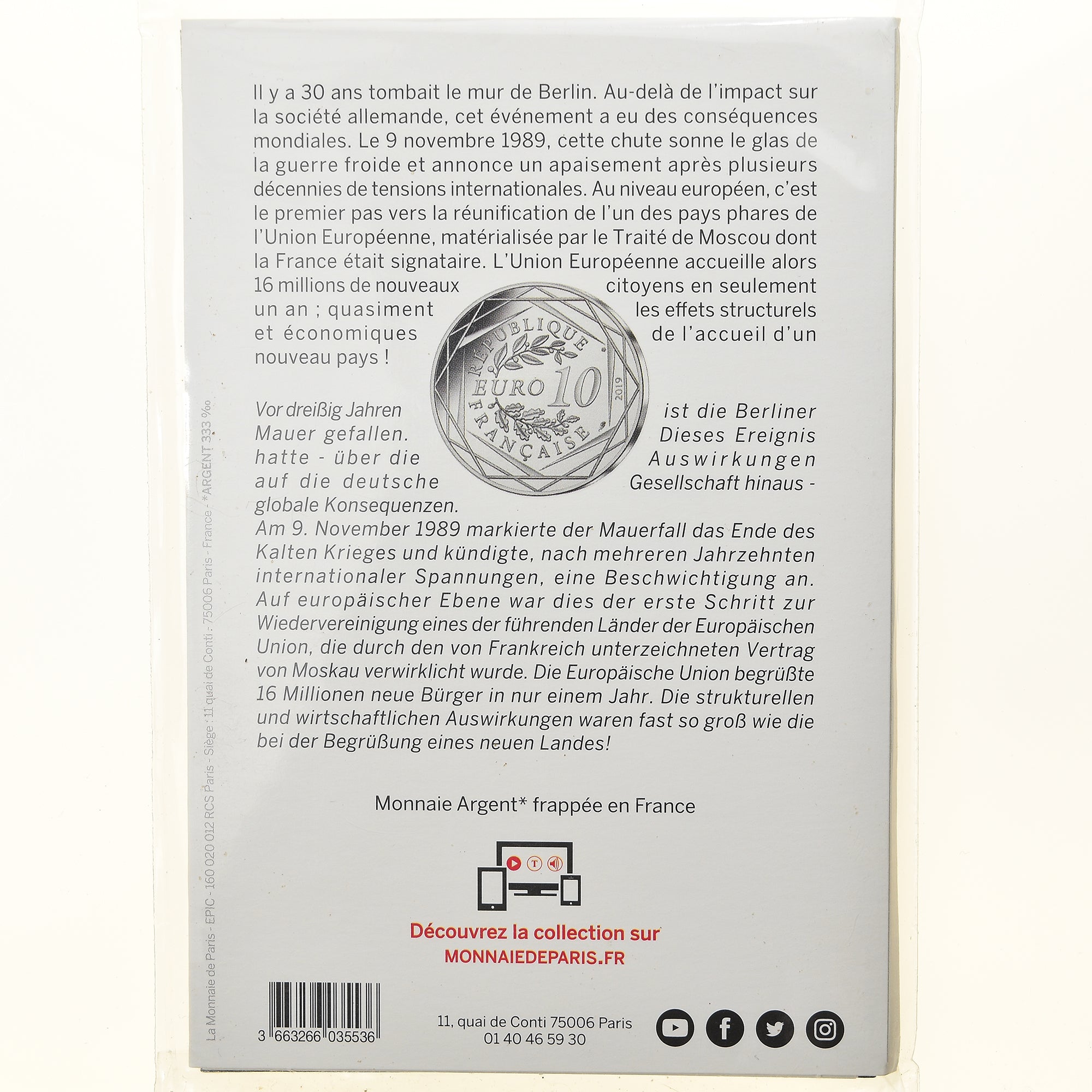 France, Monnaie de Paris, 10 Euro, Chute du Mur de Berlin, 2019, Paris, FDC