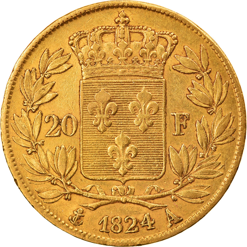 Moneta, Francia, Louis XVIII, 20 Francs, 1824, Paris, BB, Oro, KM:712.1