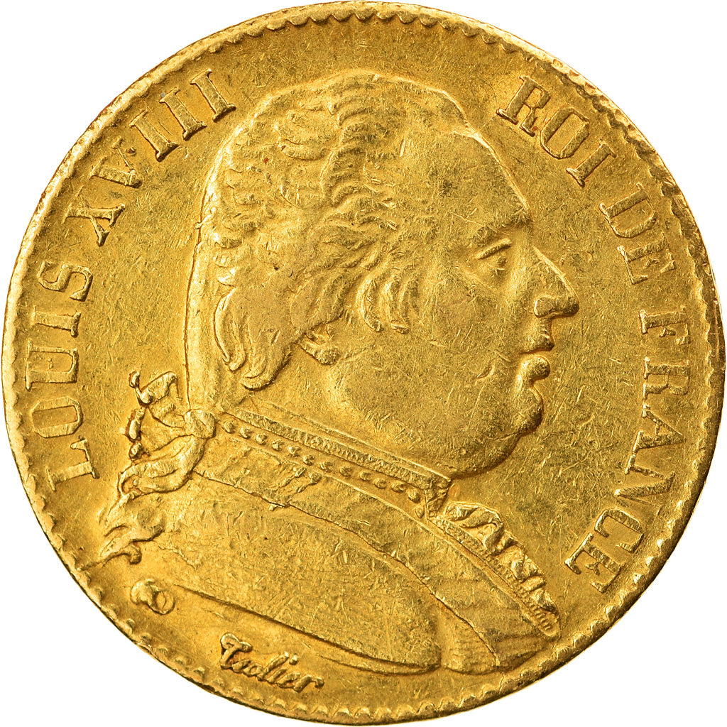 Moeda, França, Louis XVIII, 20 Francs, 1815, Paris, EF(40-45), Dourado