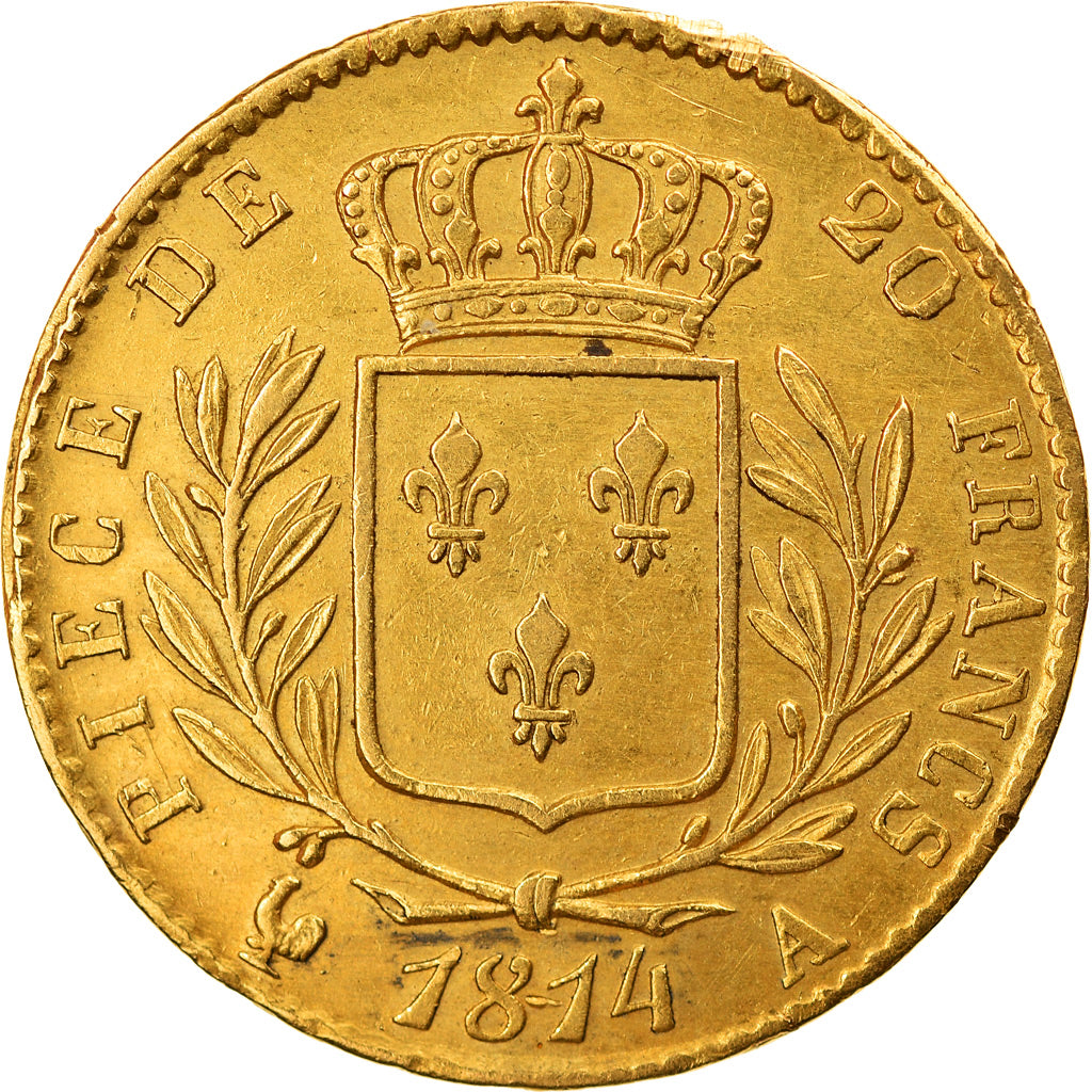 Coin, France, Louis XVIII, 20 Francs, 1814, Paris, AU(55-58), Gold, KM:706.1