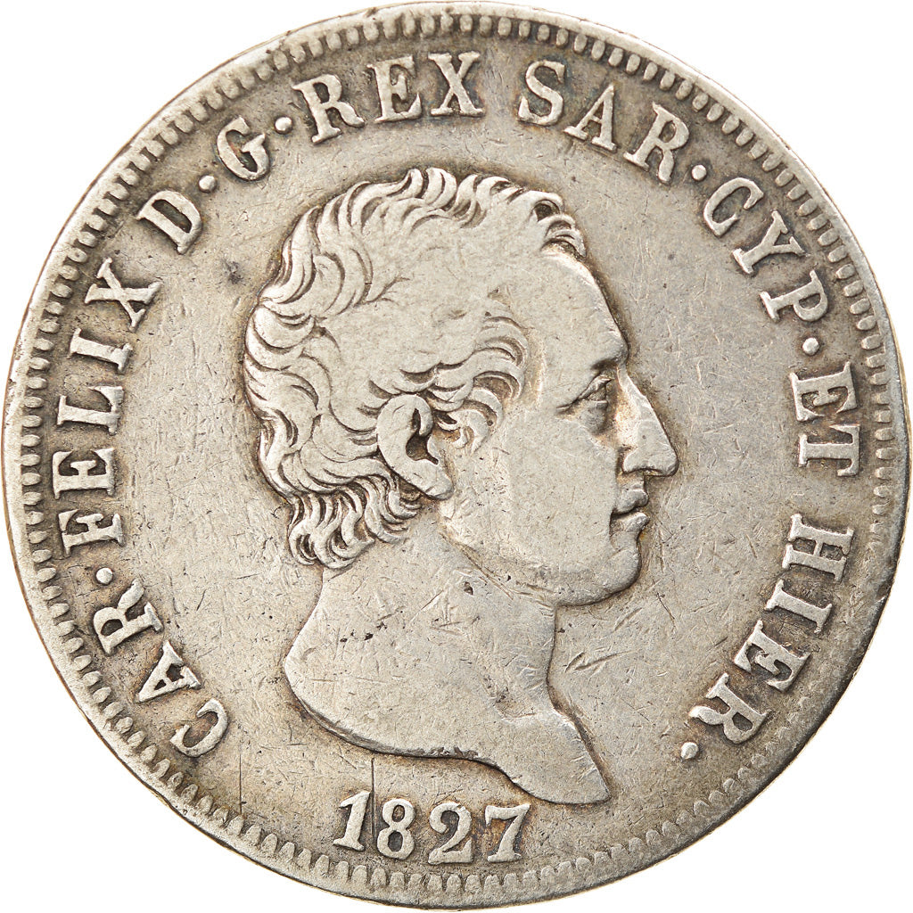 Moeda, ESTADOS ITALIANOS, SARDINIA, Carlo Felice, 5 Lire, 1827, Genoa