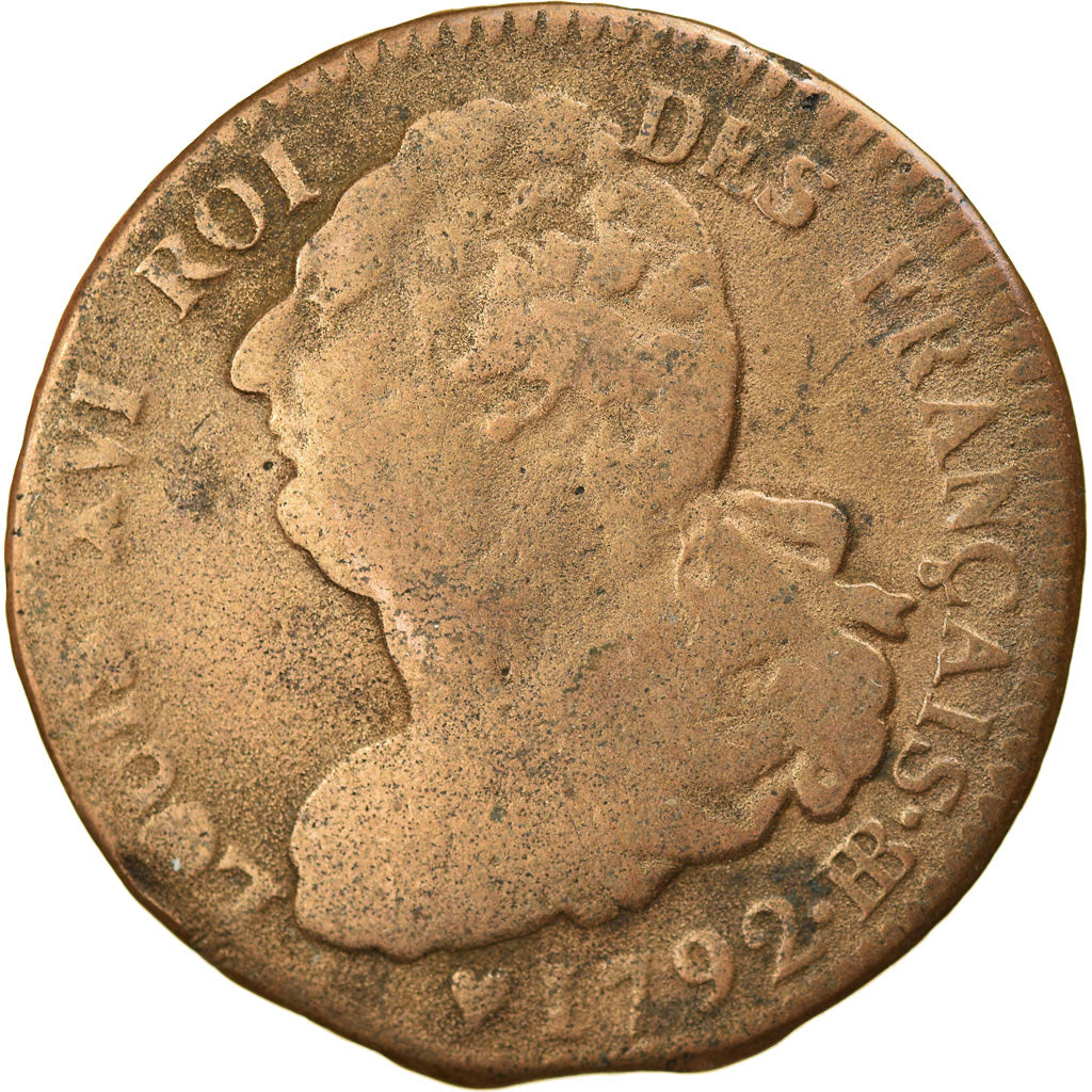 Moneta, Francia, Louis XVI, 2 Sols, 1792, Strasbourg, B+, Bronzo, Gadoury:24