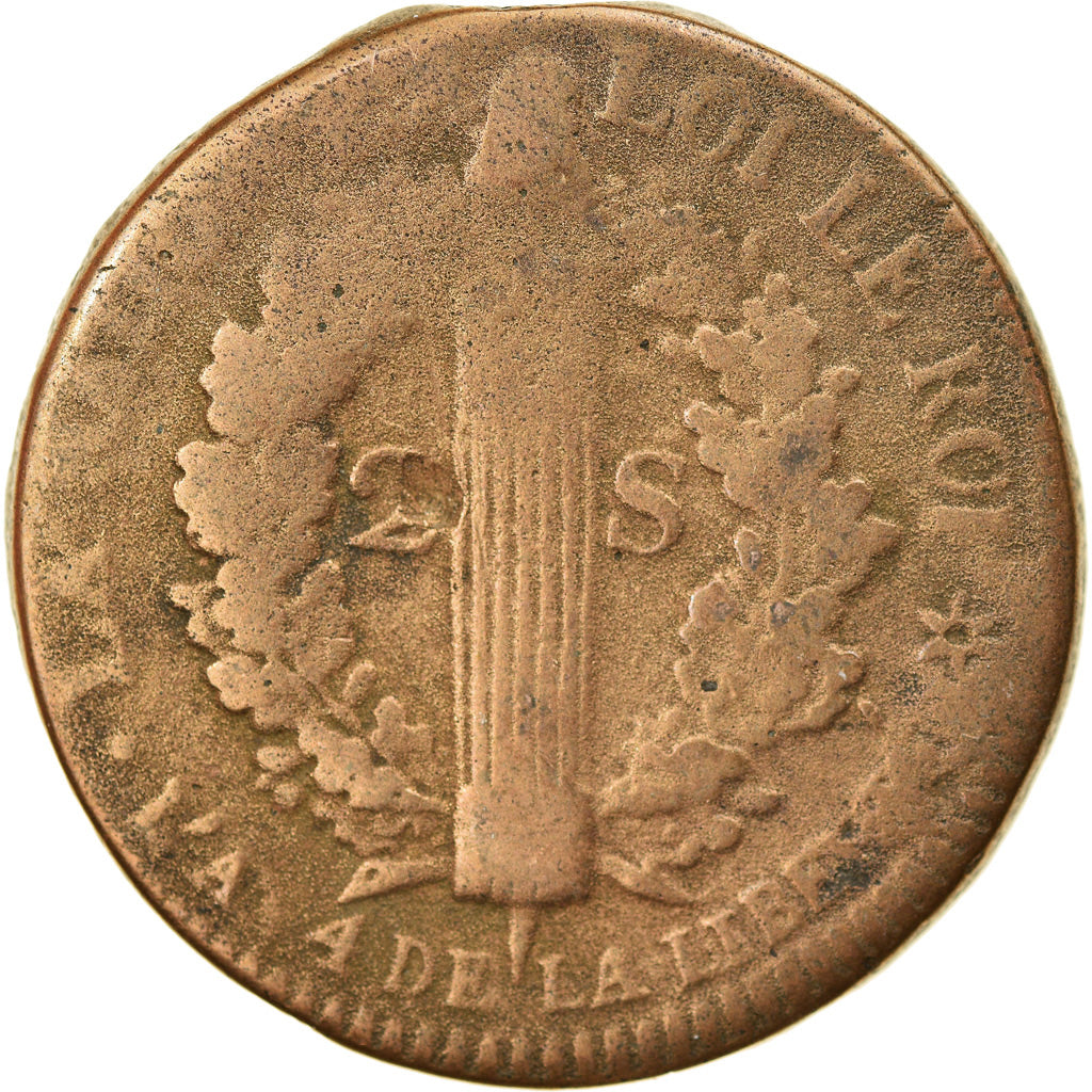Moneta, Francia, Louis XVI, 2 Sols, 1792, Strasbourg, B+, Bronzo, Gadoury:24