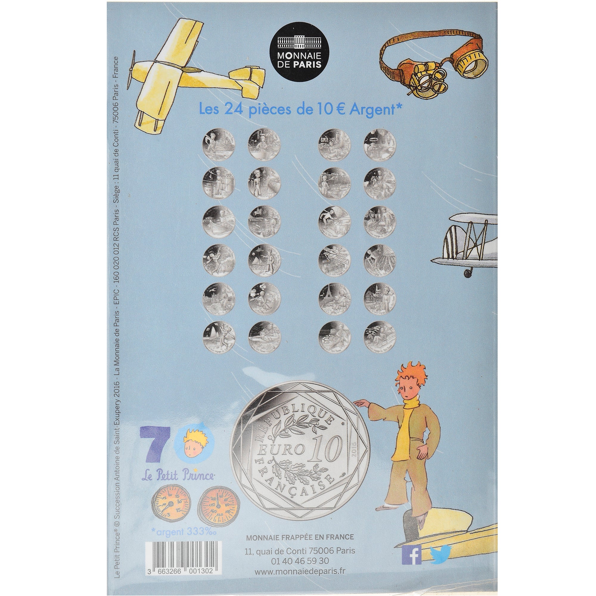 Frankrijk, Parijse munten, 10 Euro, Le Petit Prince en avion, 2016, FDC, Zilver