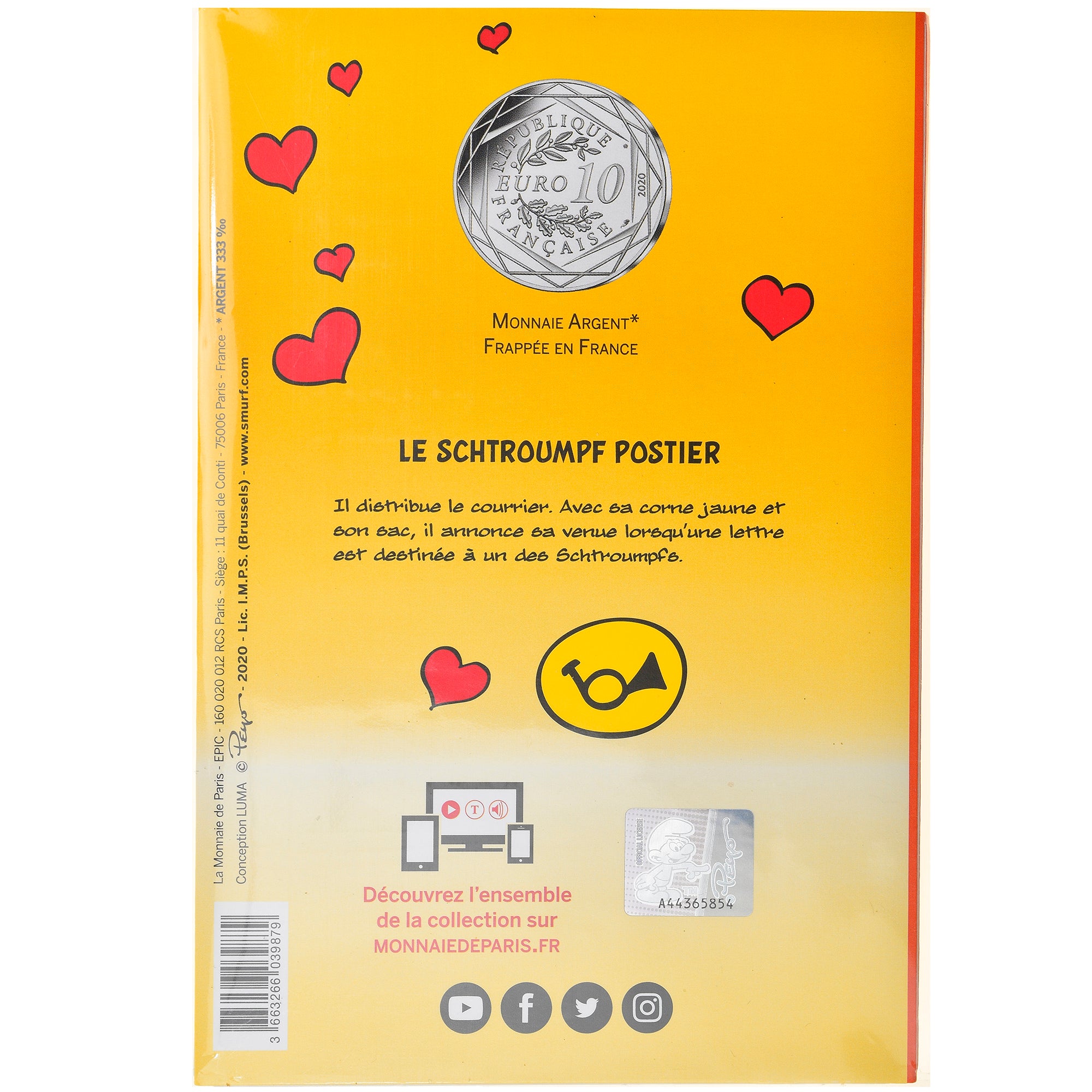 France, Monnaie de Paris, 10 Euro, Le Schtroumpf postier, 2020, Colorisé, FDC