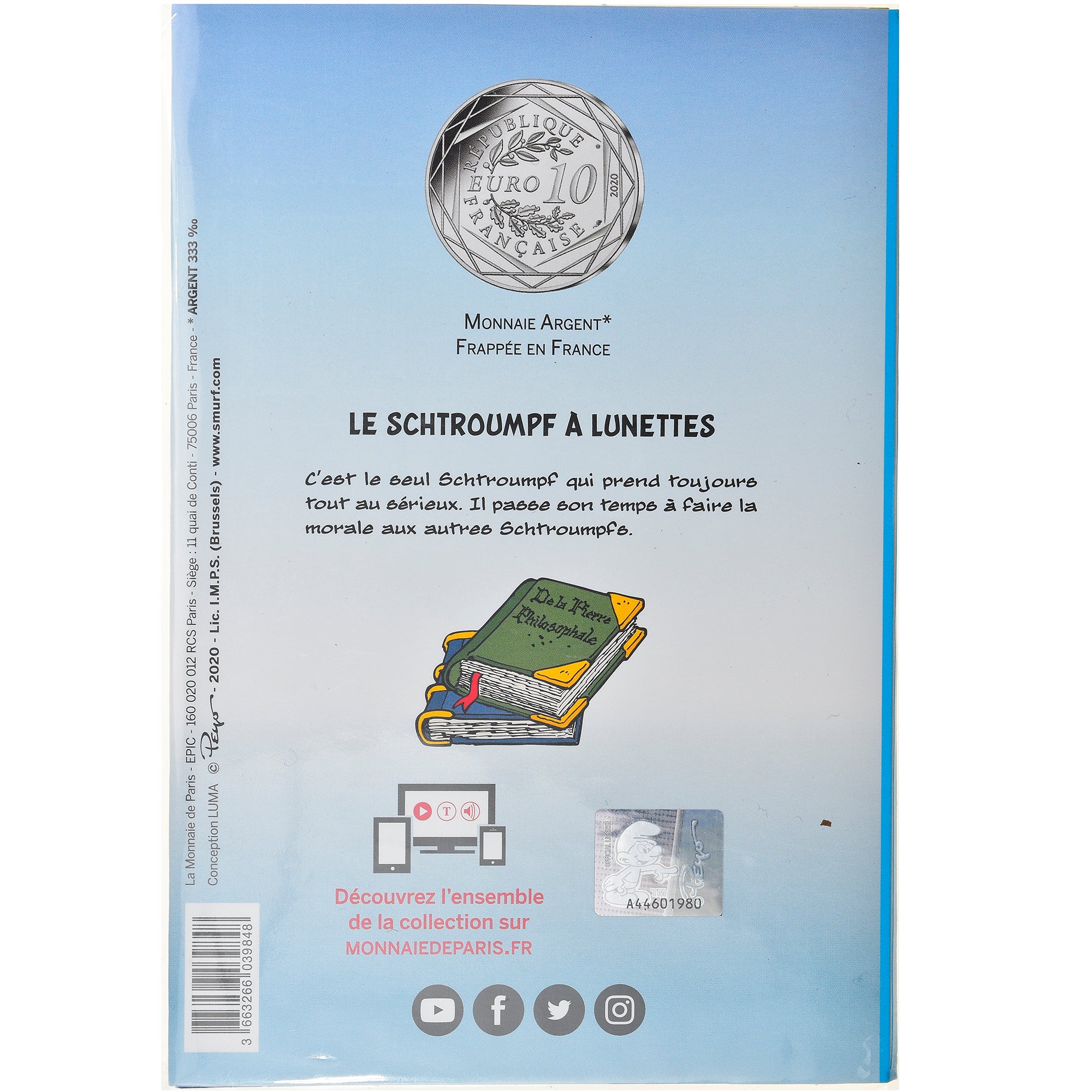 France, Monnaie de Paris, 10 Euro, Le Schtroumpf à lunettes, 2020, Colorisé