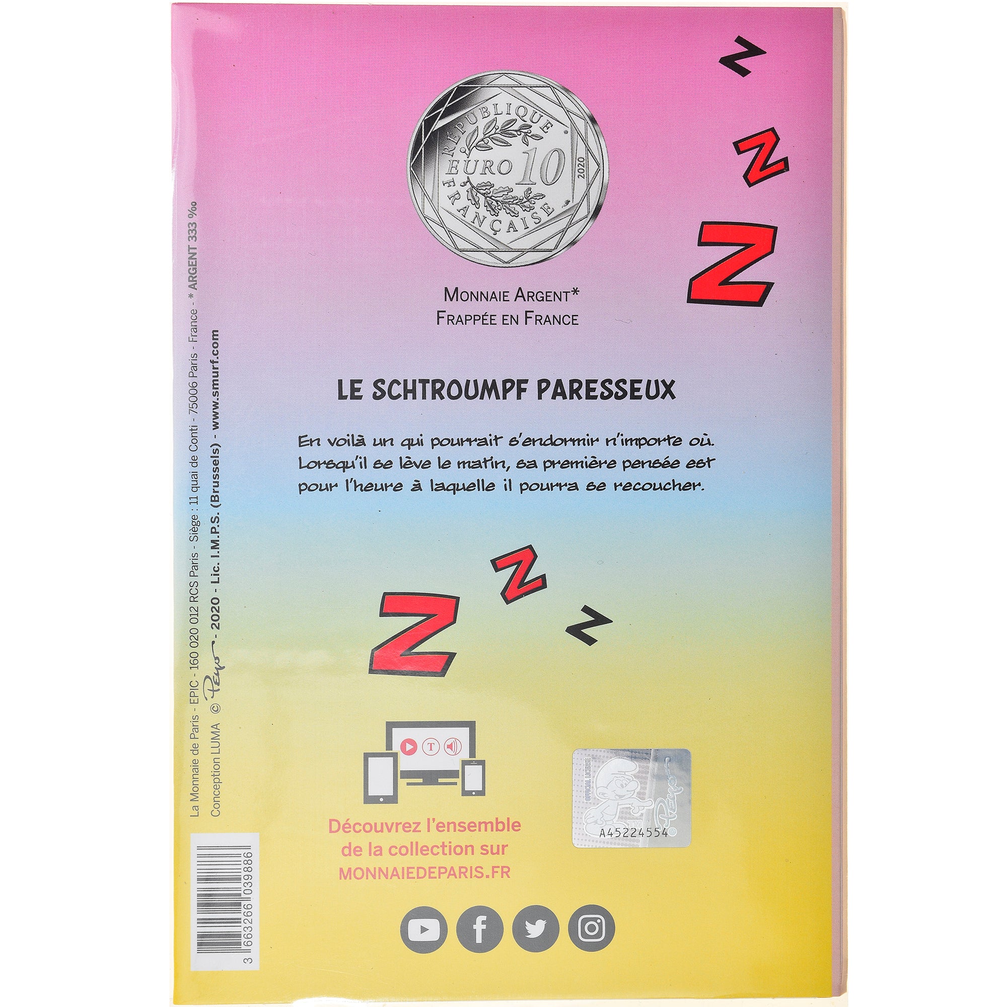 France, Monnaie de Paris, 10 Euro, Le Schtroumpf paresseux, 2020, Colorisé