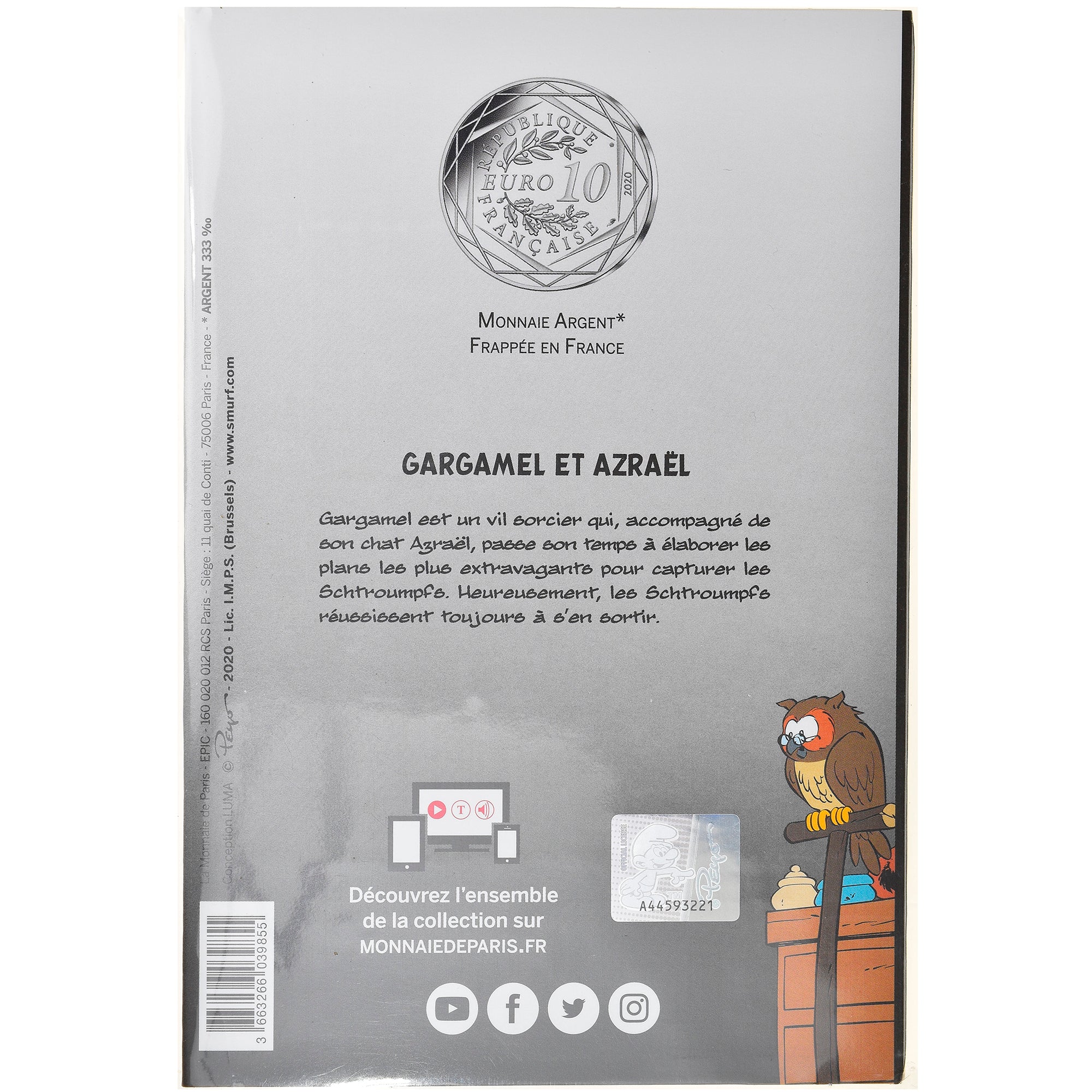 France, Monnaie de Paris, 10 Euro, Gargamel et Azrael, 2020, Colorisé, FDC