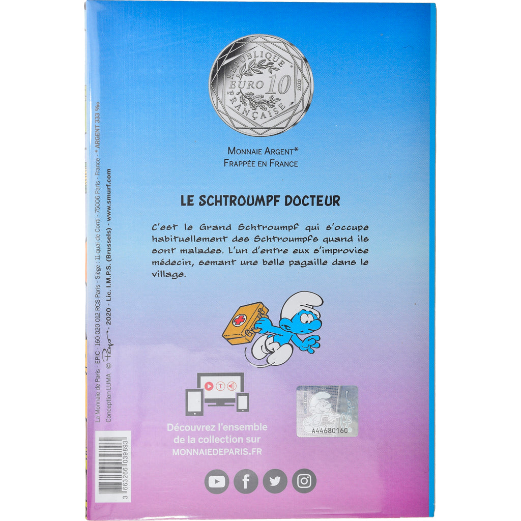 France, Monnaie de Paris, 10 Euro, Le Schtroumpf docteur, 2020, FDC, Argent