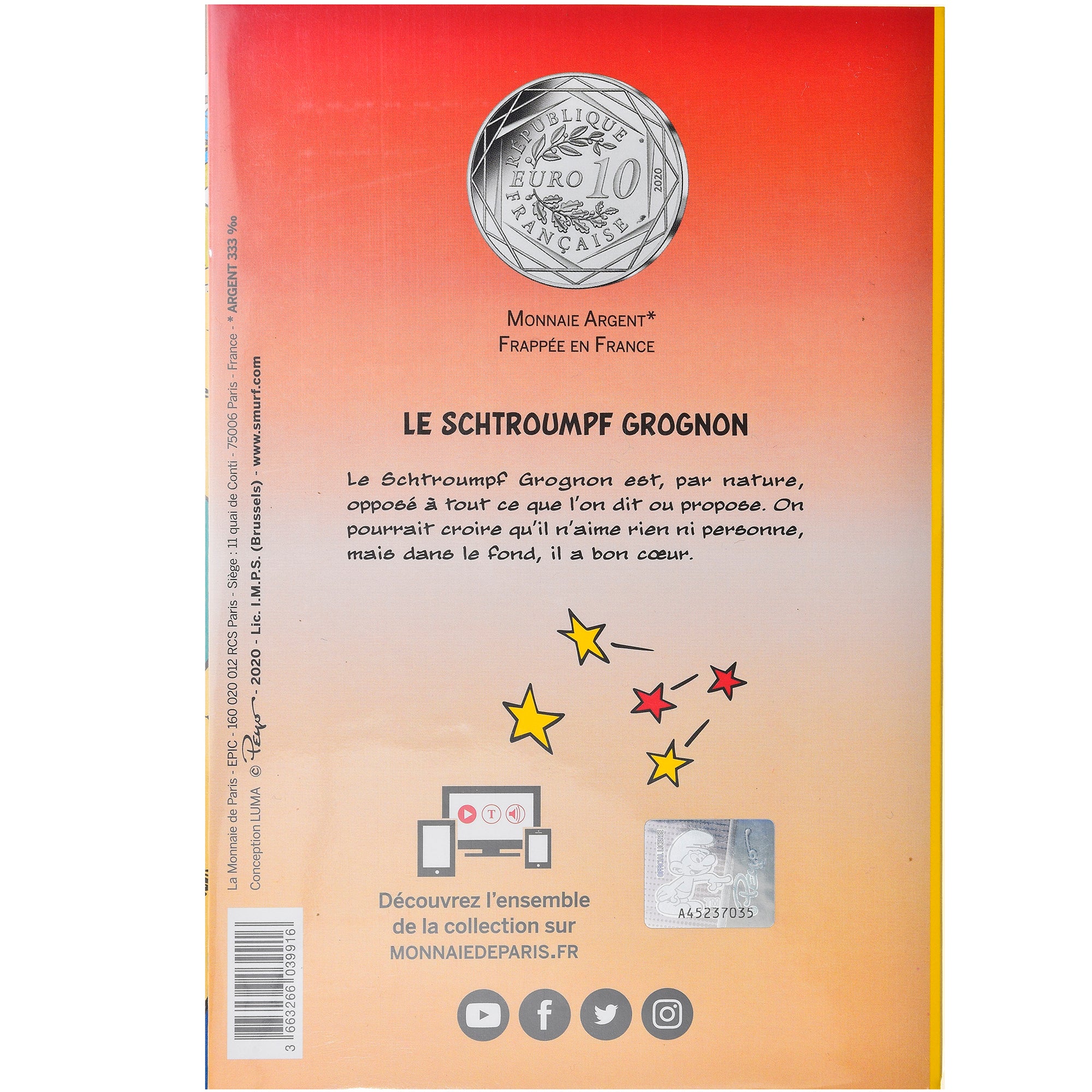 France, Monnaie de Paris, 10 Euro, Le Schtroumpf grognon, 2020, MS(65-70)
