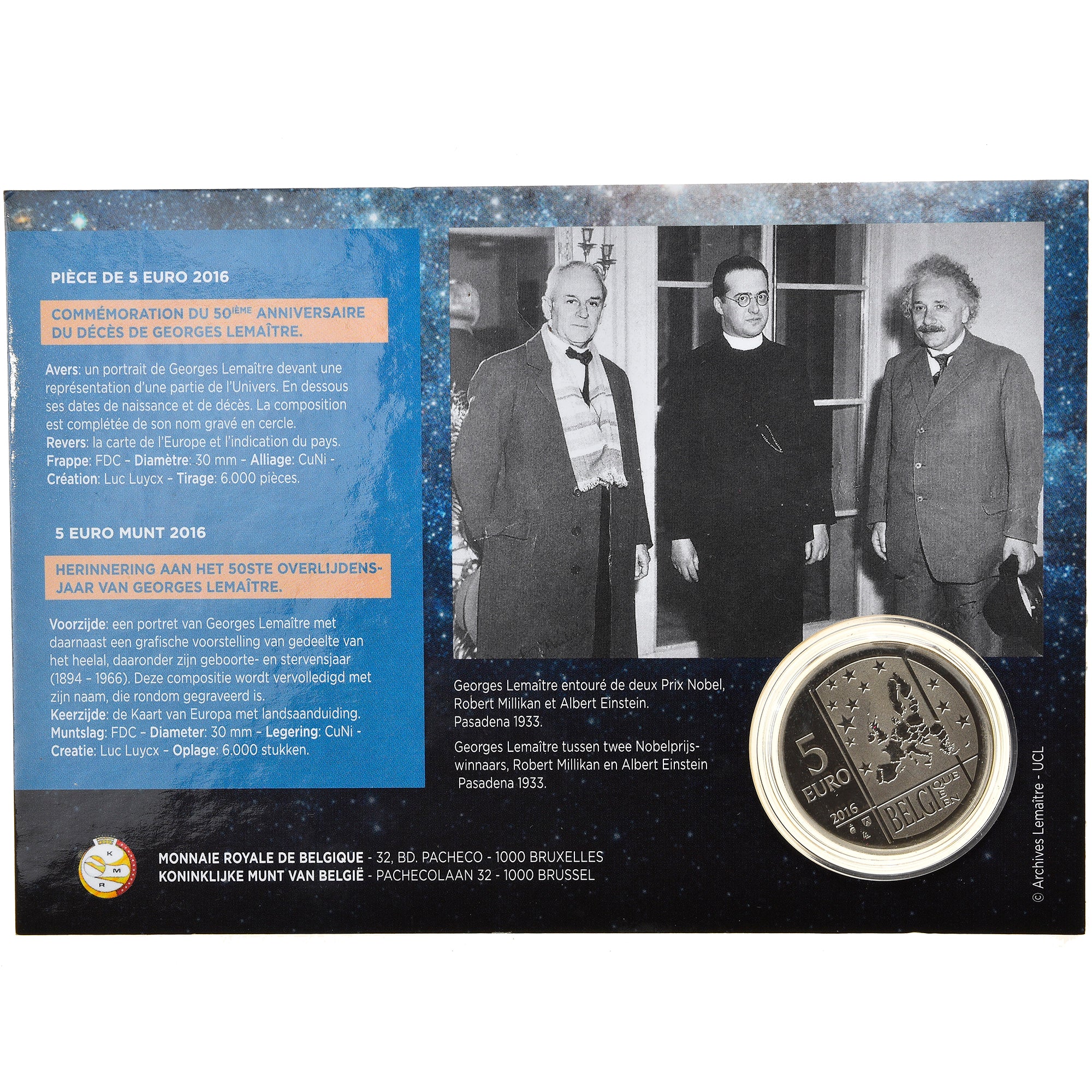Belgium, 5 Euro, Georges Lemaître, 2016, MS(65-70), Copper-nickel