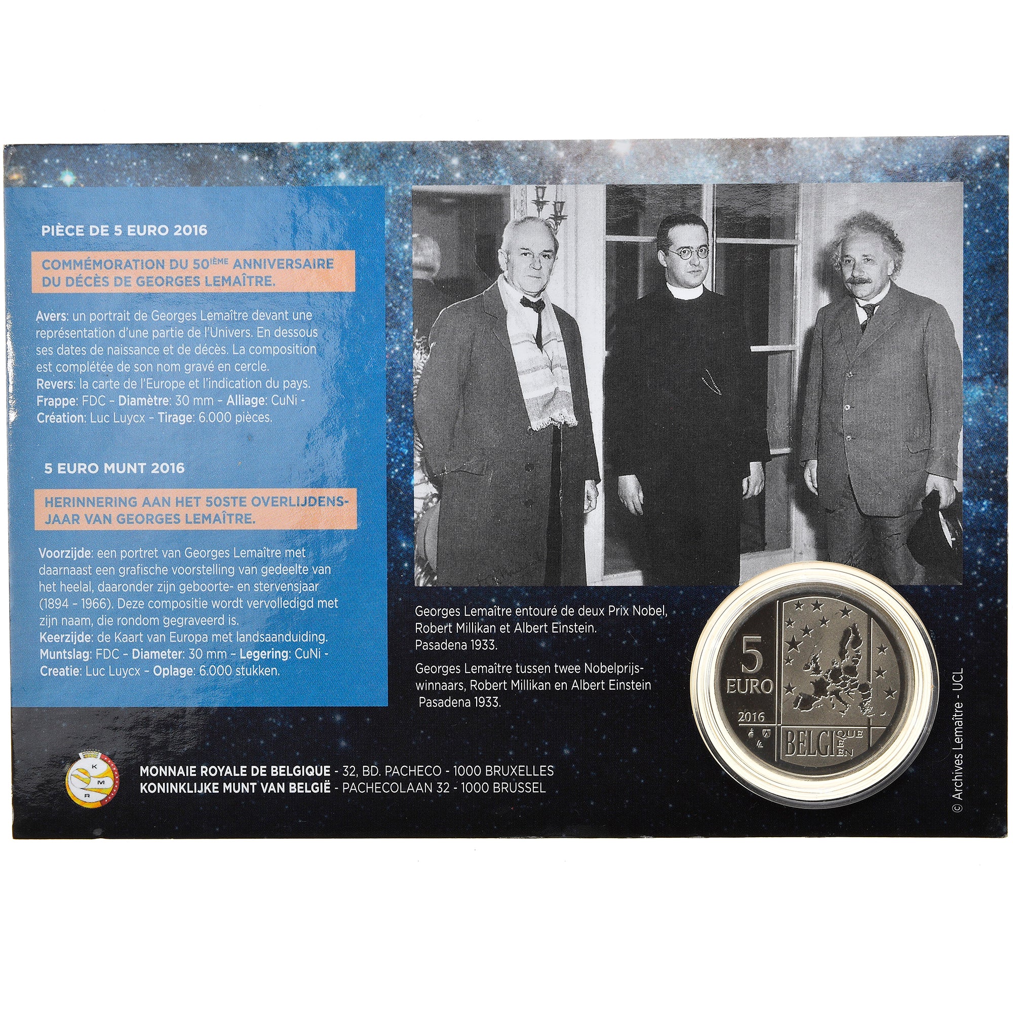 Belgium, 5 Euro, Georges Lemaître, 2016, MS(65-70), Copper-nickel