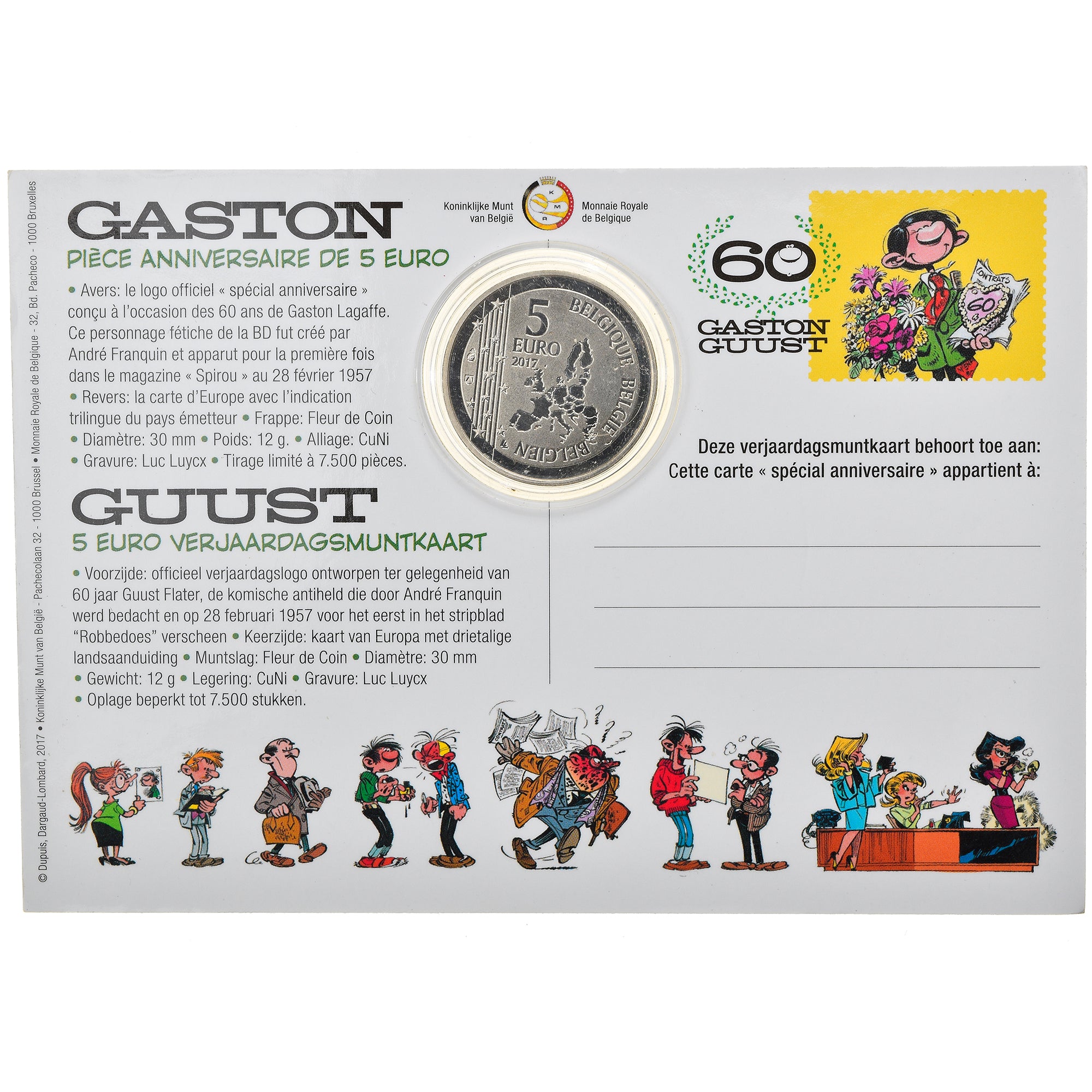 Belgique, 5 Euro, Gaston Lagaffe, 2017, FDC, Copper-nickel