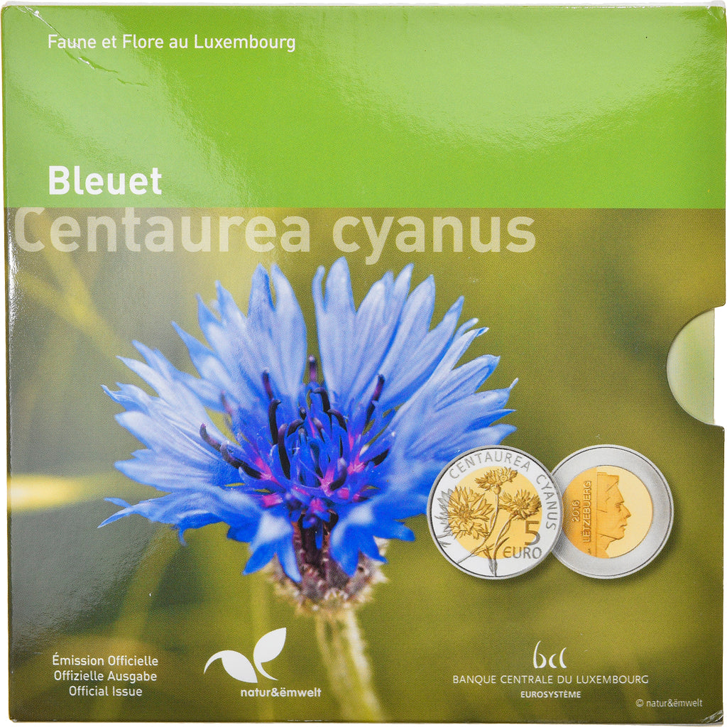 Luxembourg, 5 Euro, Centaurea cyanus, 2016, MS(65-70), Silver & Nordic gold
