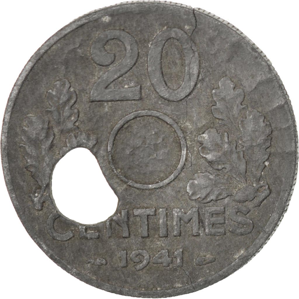 Etat Français, 20 Centimes type 20, 1941, trou décentré, KM 900.1