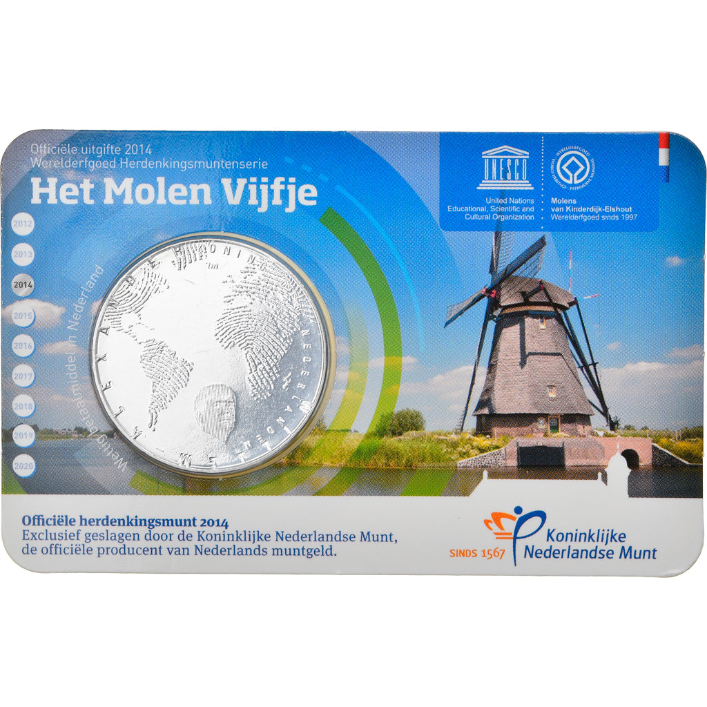 Paesi Bassi, 5 Euro, Kinderdijk, 2014, FDC, Rame placcato argento