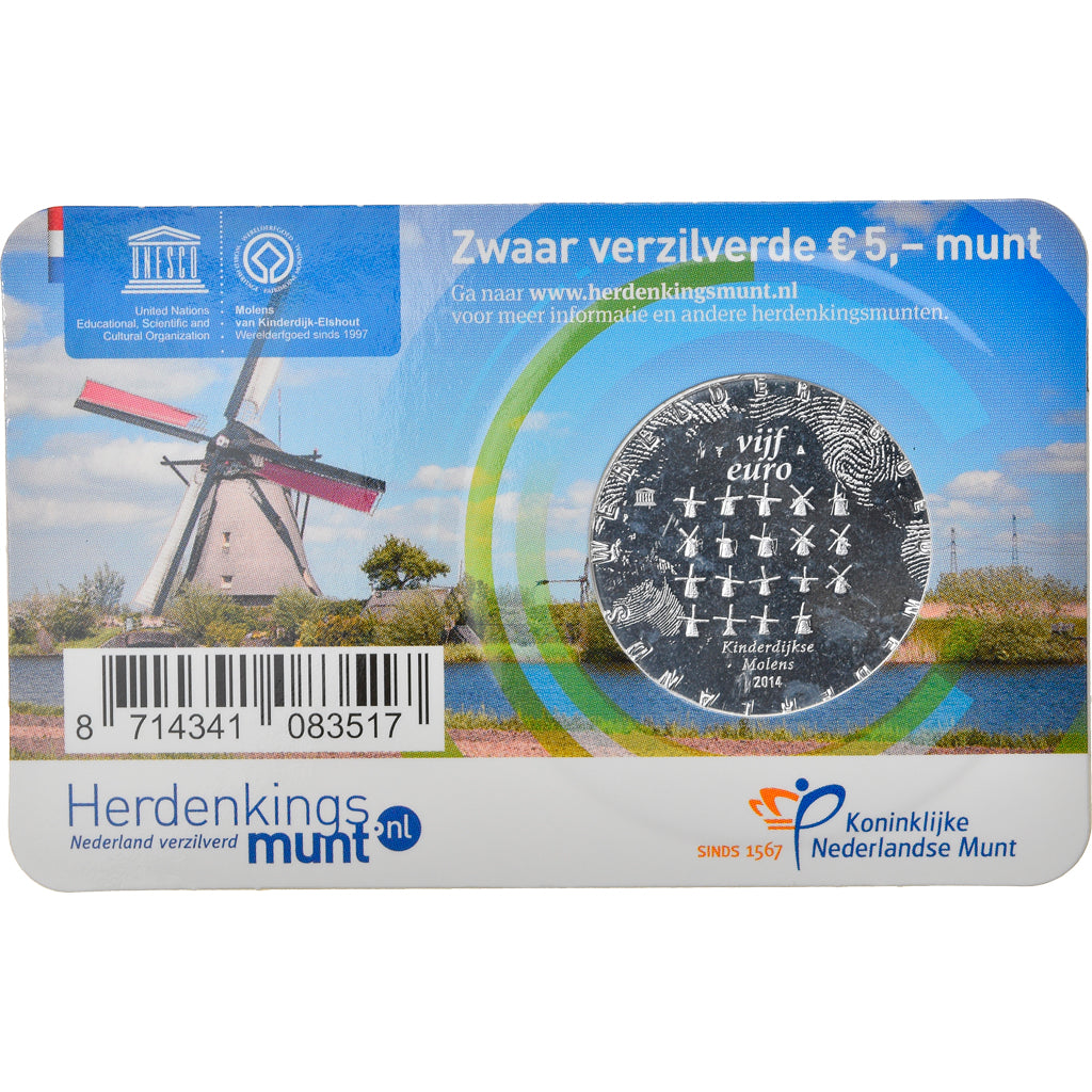 Paesi Bassi, 5 Euro, Kinderdijk, 2014, FDC, Rame placcato argento
