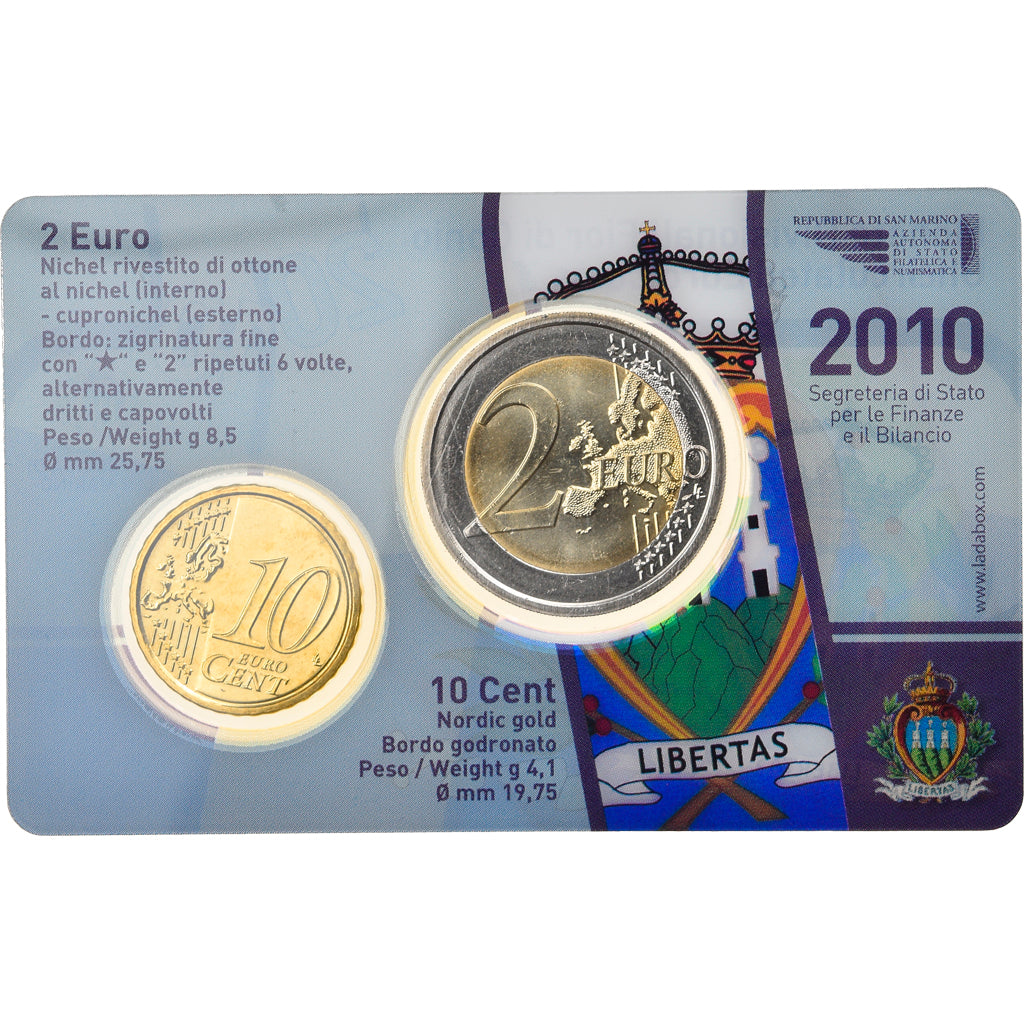 San Marino, Set 2 Euro & 10 Cent, 2010, MS(65-70), Bi-Metallic