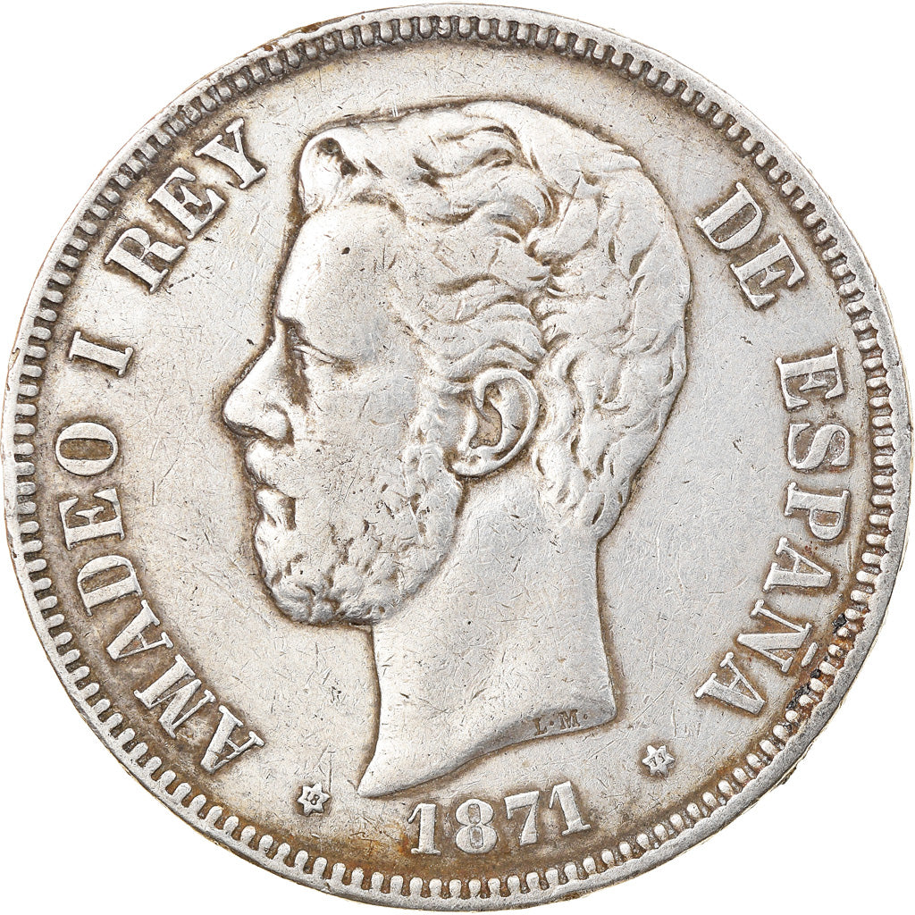 Coin, Spain, Amadeao I, 5 Pesetas, 1871, Madrid, VF(30-35), Silver, KM:666