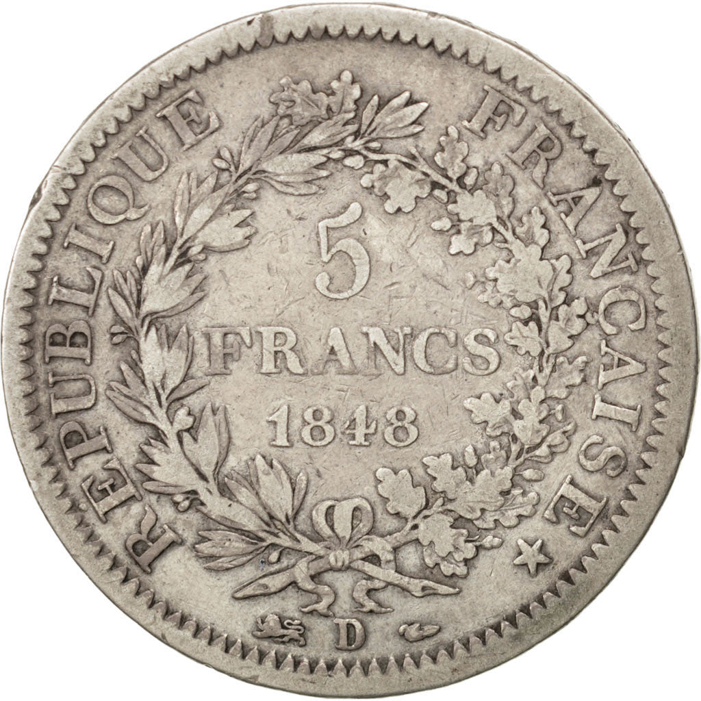 FRANCE, Hercule, 5 Francs, 1848, Lyon, KM #756.3, VF(20-25), Silver, Gadoury...