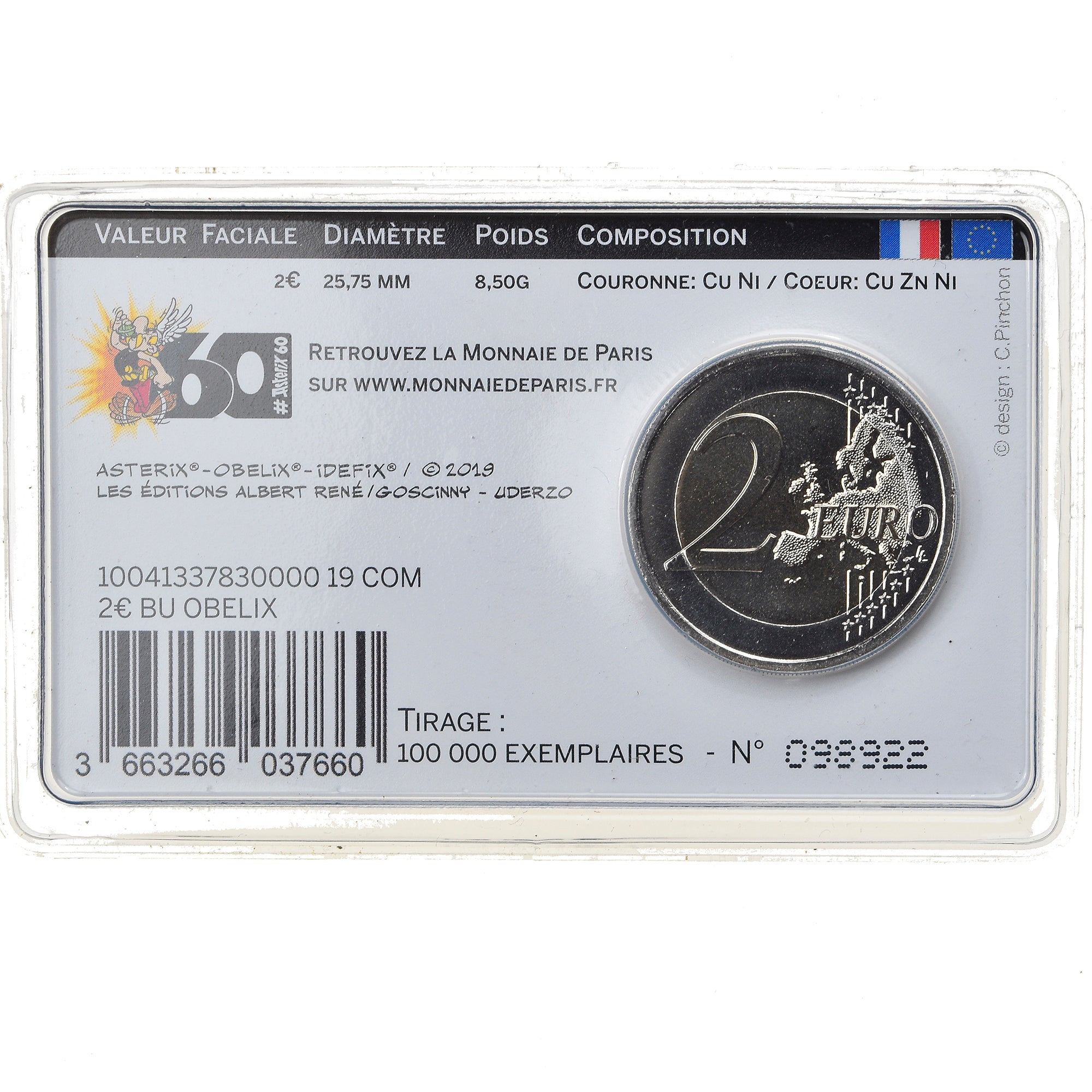 France, 2 Euro, Obélix, 2019, Paris, BU, MS(65-70), Bi-Metallic