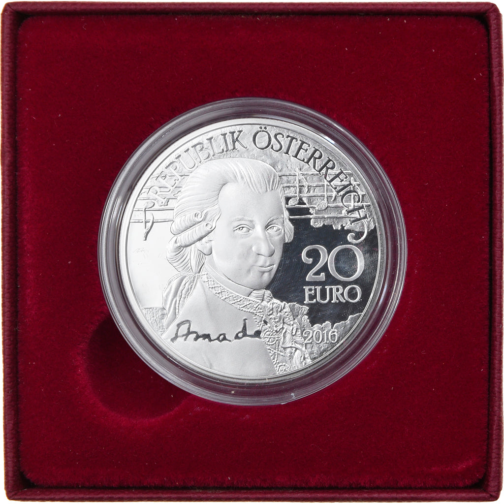 Austria, 20 Euro, Mozart - Genius, 2016, Proof, MS(65-70), Silver