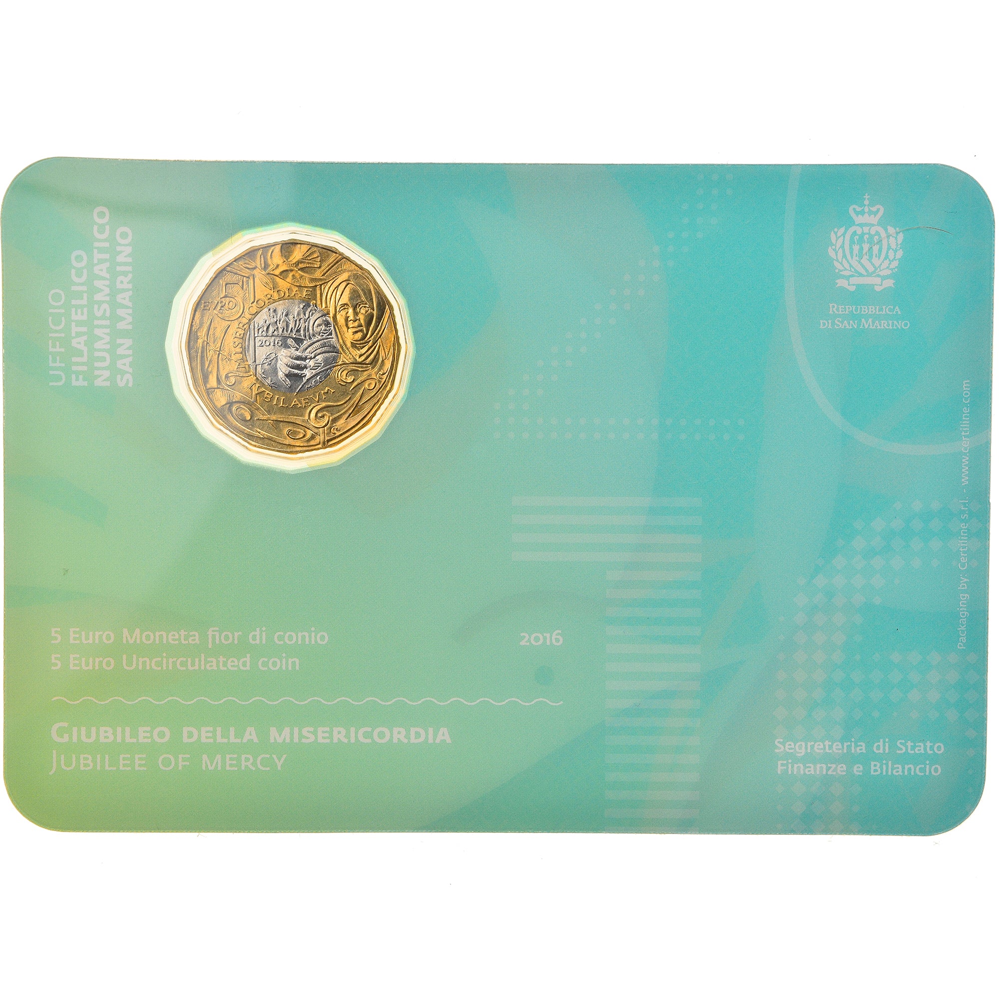 San Marino, 5 Euro, Jubilee Year of Mercy, 2016, Rome, MS(65-70), Bi-Metallic