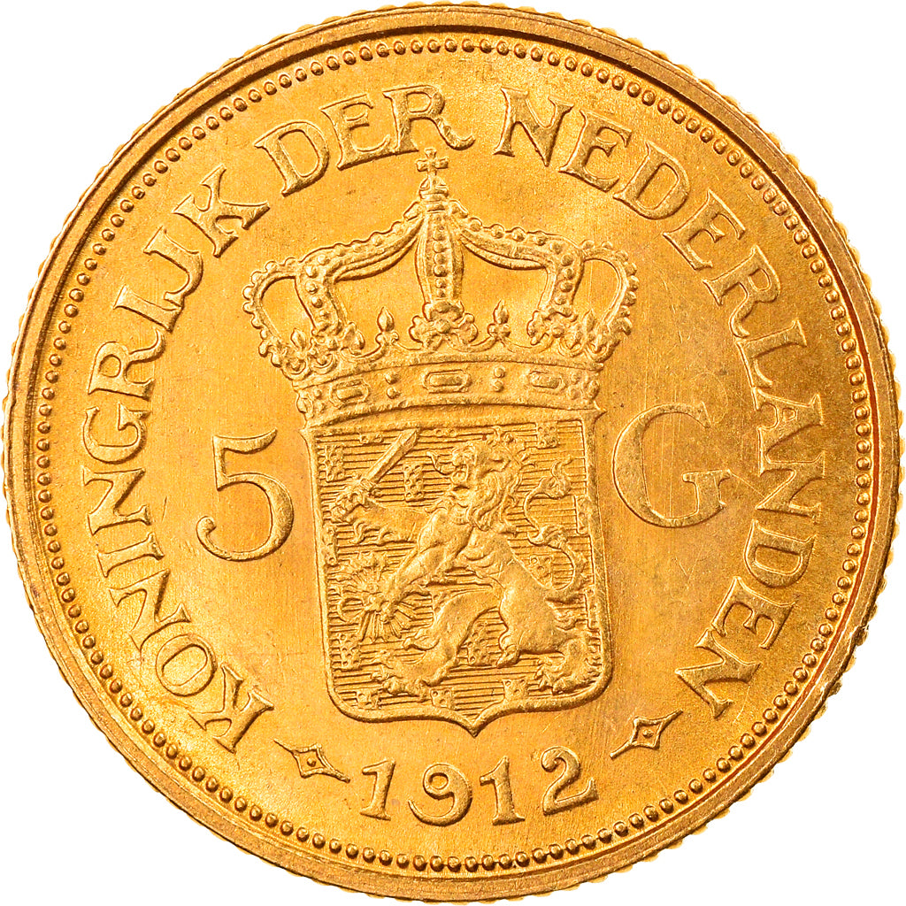 Moneta, Holandia, Wilhelmina I, 5 Gulden, 1912, AU(55-58), Złoto, KM:151