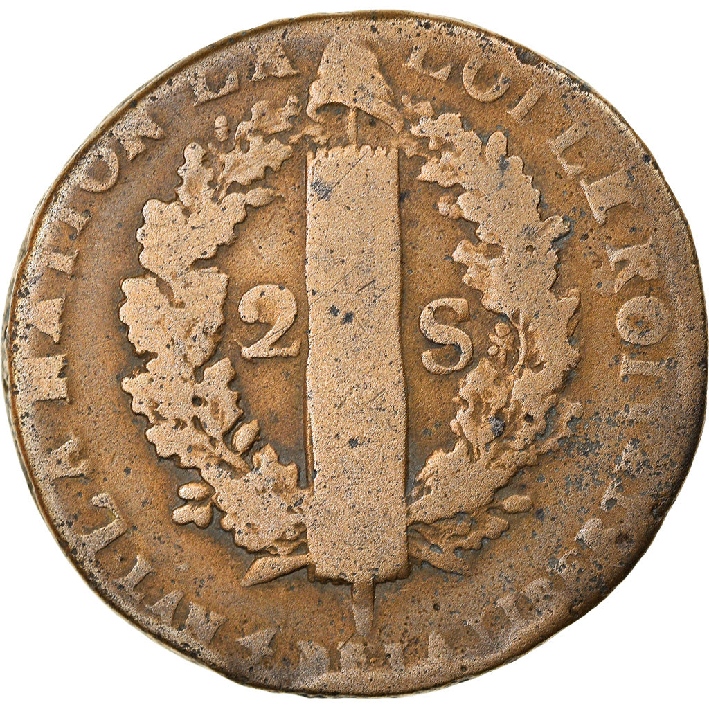 Coin, France, Louis XVI, 2 Sols, 1792, Lille, VG(8-10), Bronze, KM:603.16