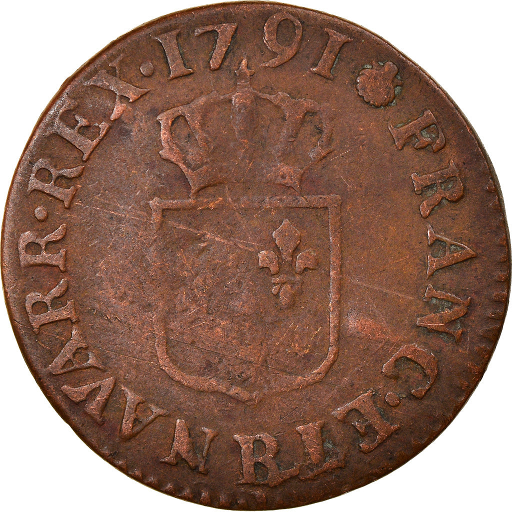 Monnaie, France, Louis XVI, Liard à l'Ecu, 1791, Rouen, TB, Cuivre, Gadoury:348