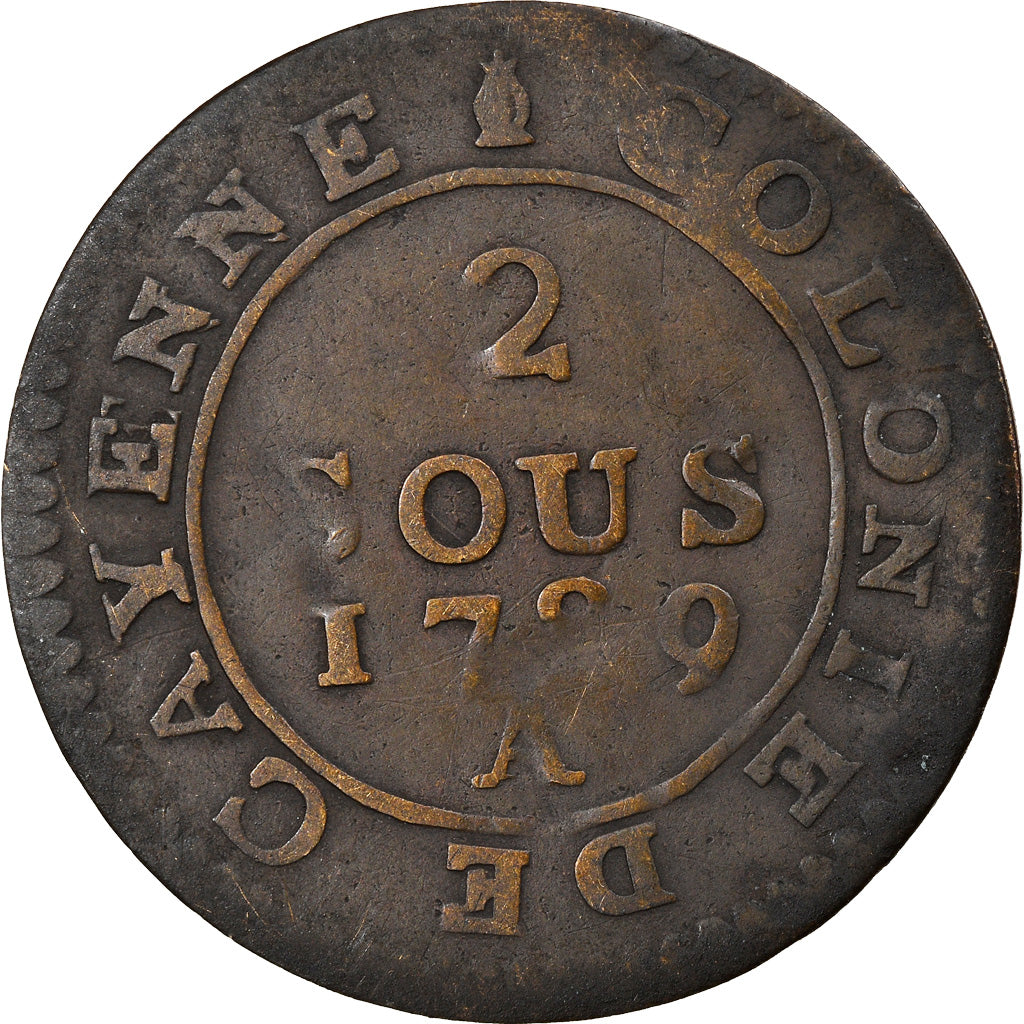 Moneta, GUJANA FRANCUSKA, Louis XVI, 2 Sous, 1789, Paris, VF(20-25), Bilon