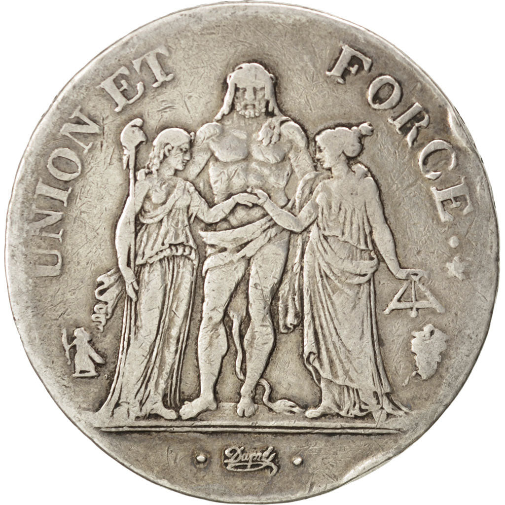 Francia, Union et Force, 5 Francs, 1797, Perpignan, MB+, Argento, KM:639.8, G...