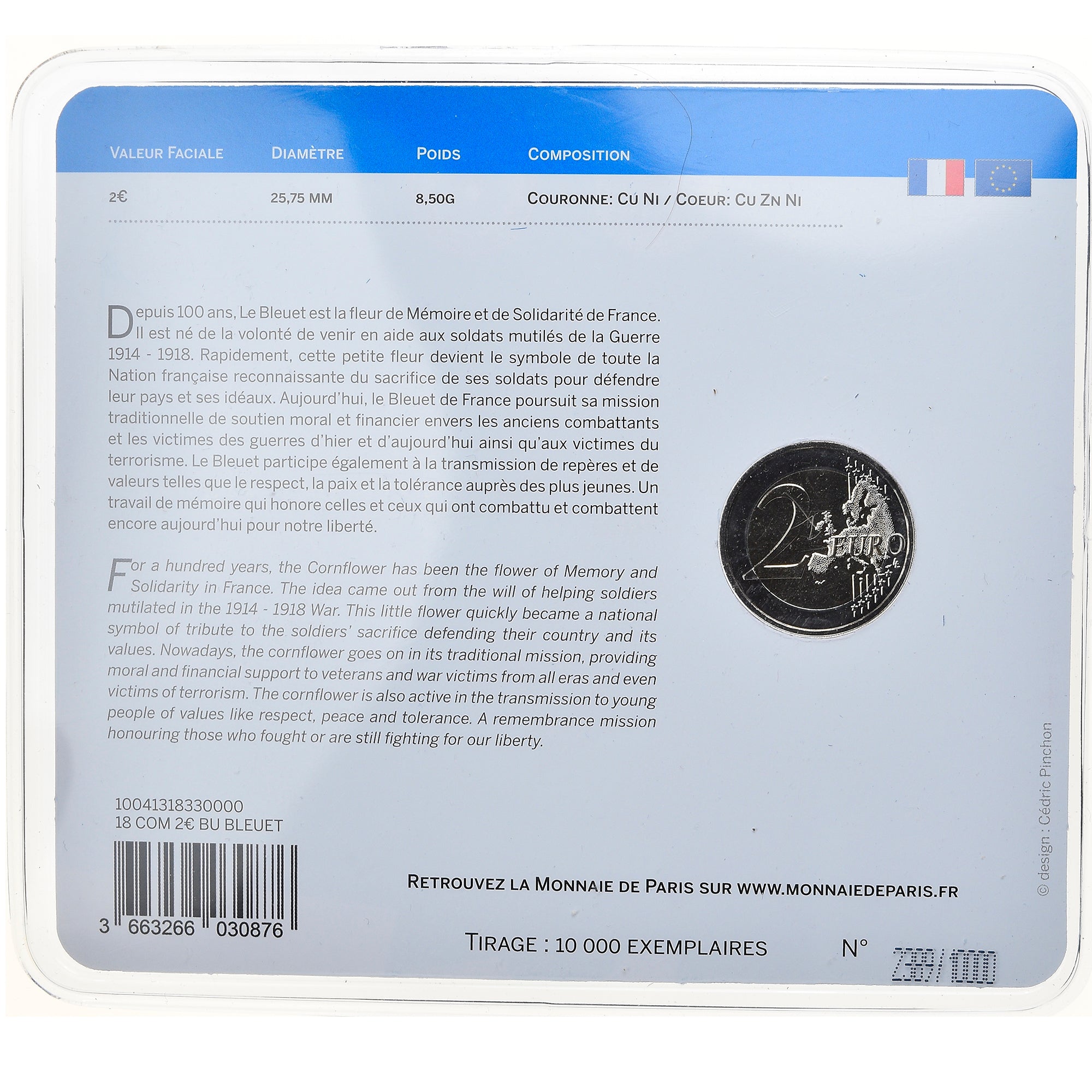 Francia, Monnaie de Paris, 2 Euro, Le Bleuet de France, 2018, BU, FDC