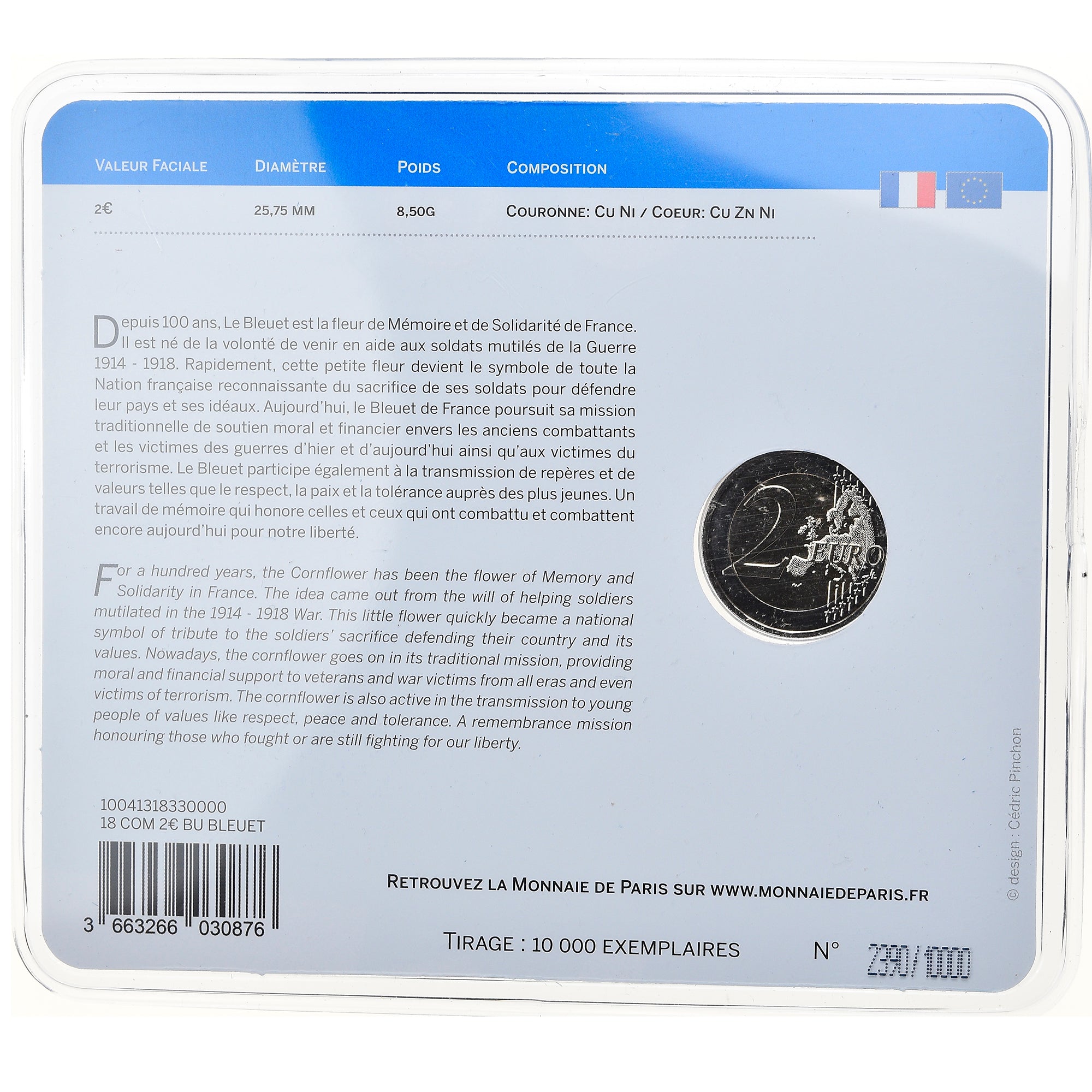 France, Monnaie de Paris, 2 Euro, Le Bleuet de France, 2018, BU, FDC