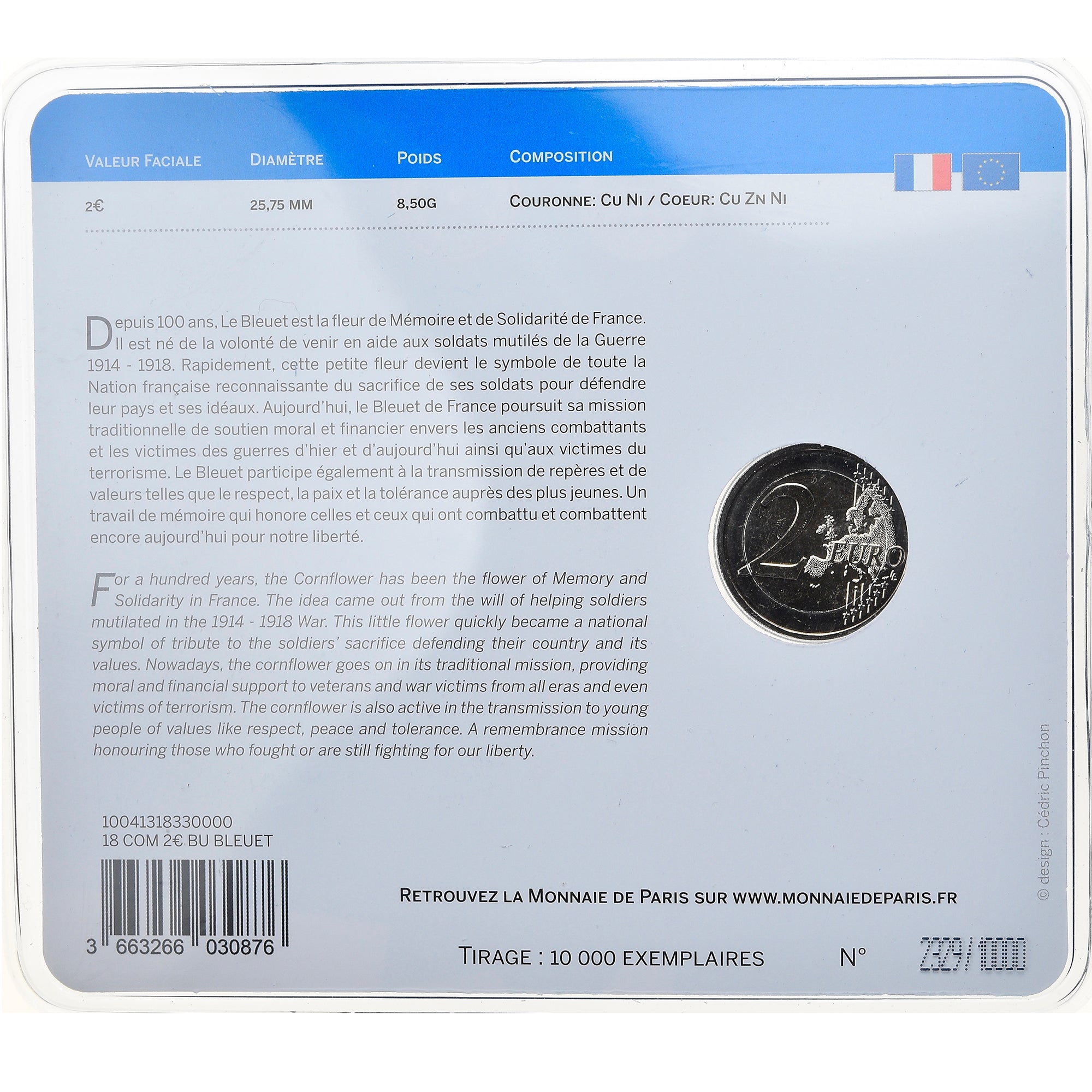 France, Monnaie de Paris, 2 Euro, Le Bleuet de France, 2018, BU, FDC