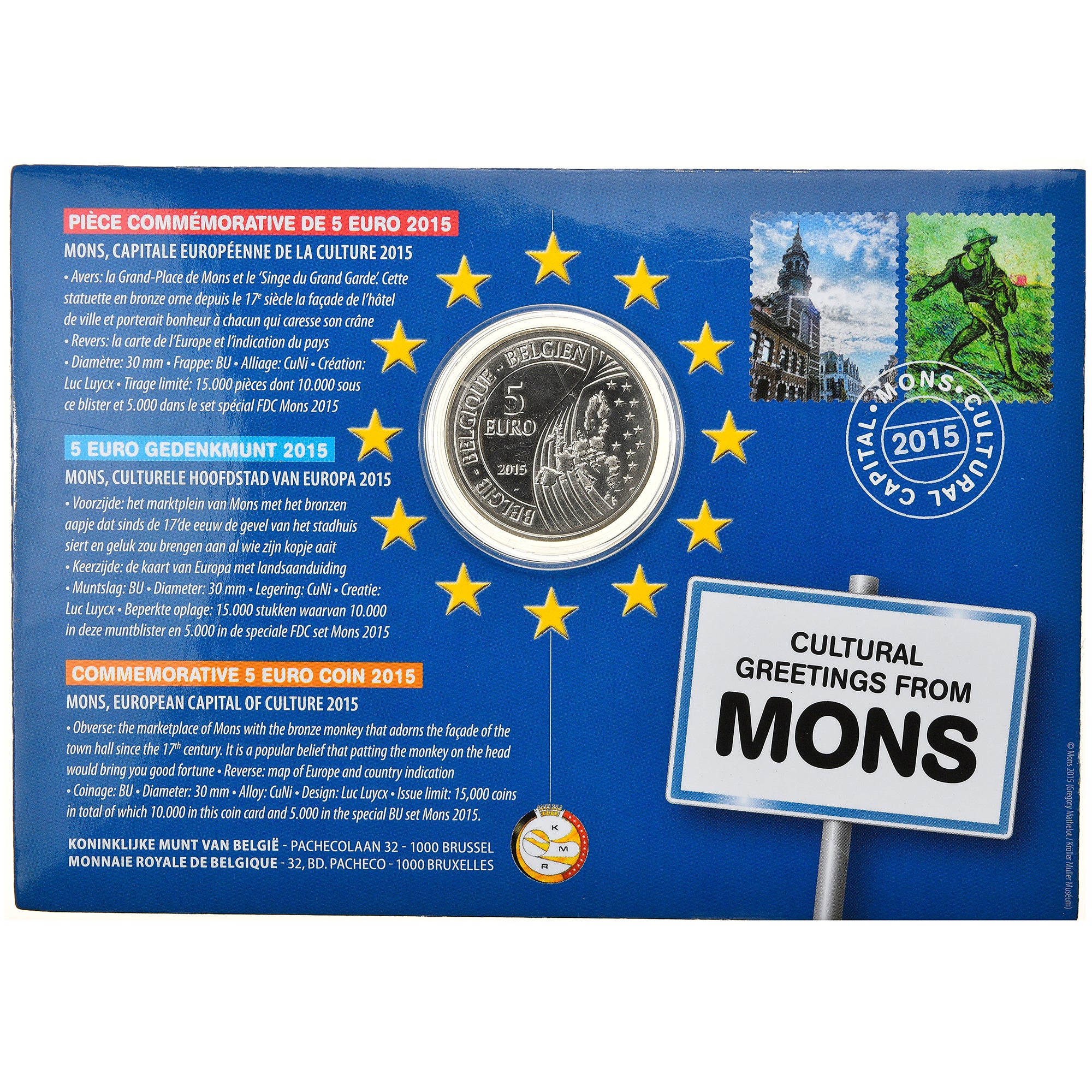 Belgio, 5 Euro, Mons capitale europeenne de la culture, 2015, FDC, Rame-nichel