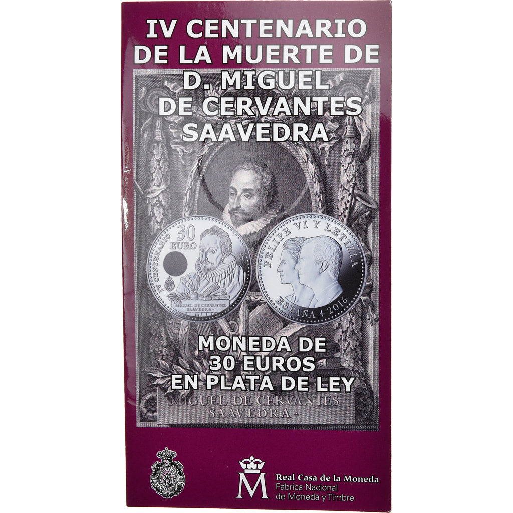 España, 30 Euro, Miguel de Cervantes, 2016, Madrid, FDC, Plata