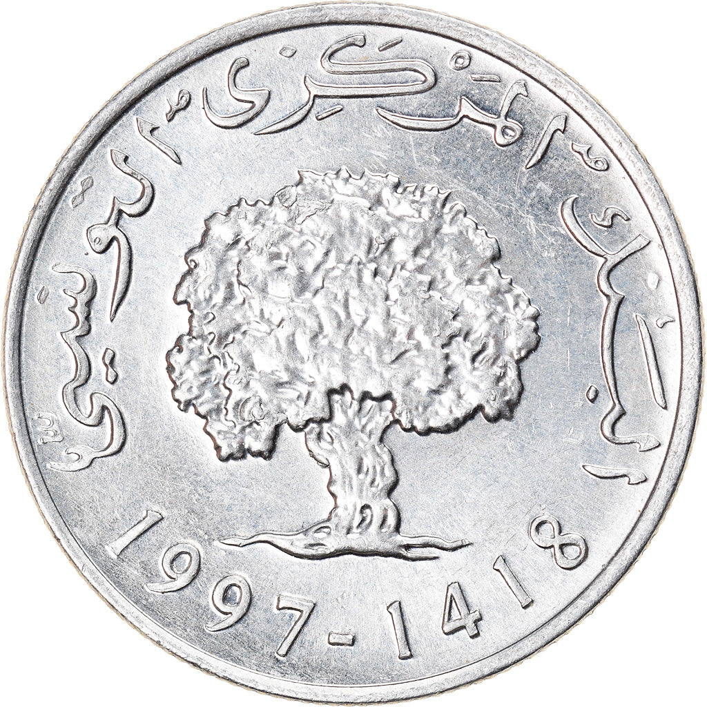 Moeda, Tunísia, 5 Millim, 1997/AH1418, AU(55-58), Alumínio, KM:348